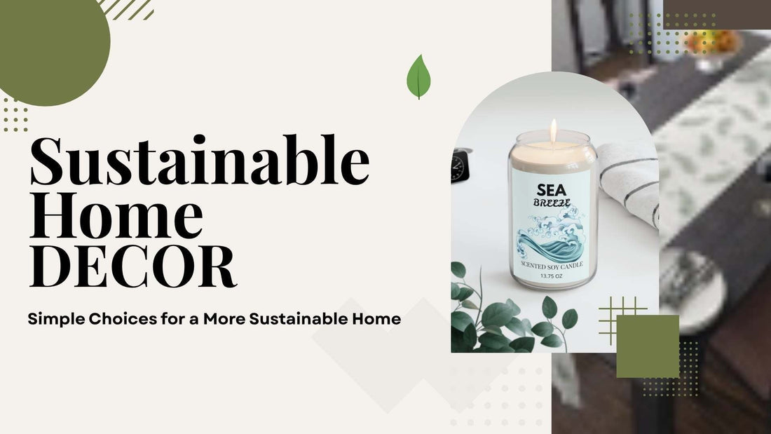 Sustainable home decor flat lay with wooden accents and natural candles