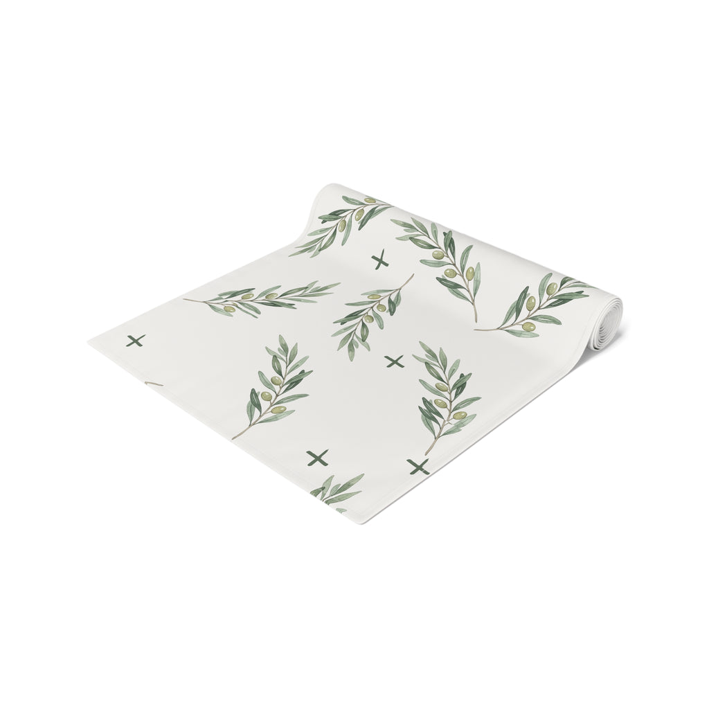 Olive Branch Cotton-Poly Table Runner — Rustic Mediterranean Dining Decor