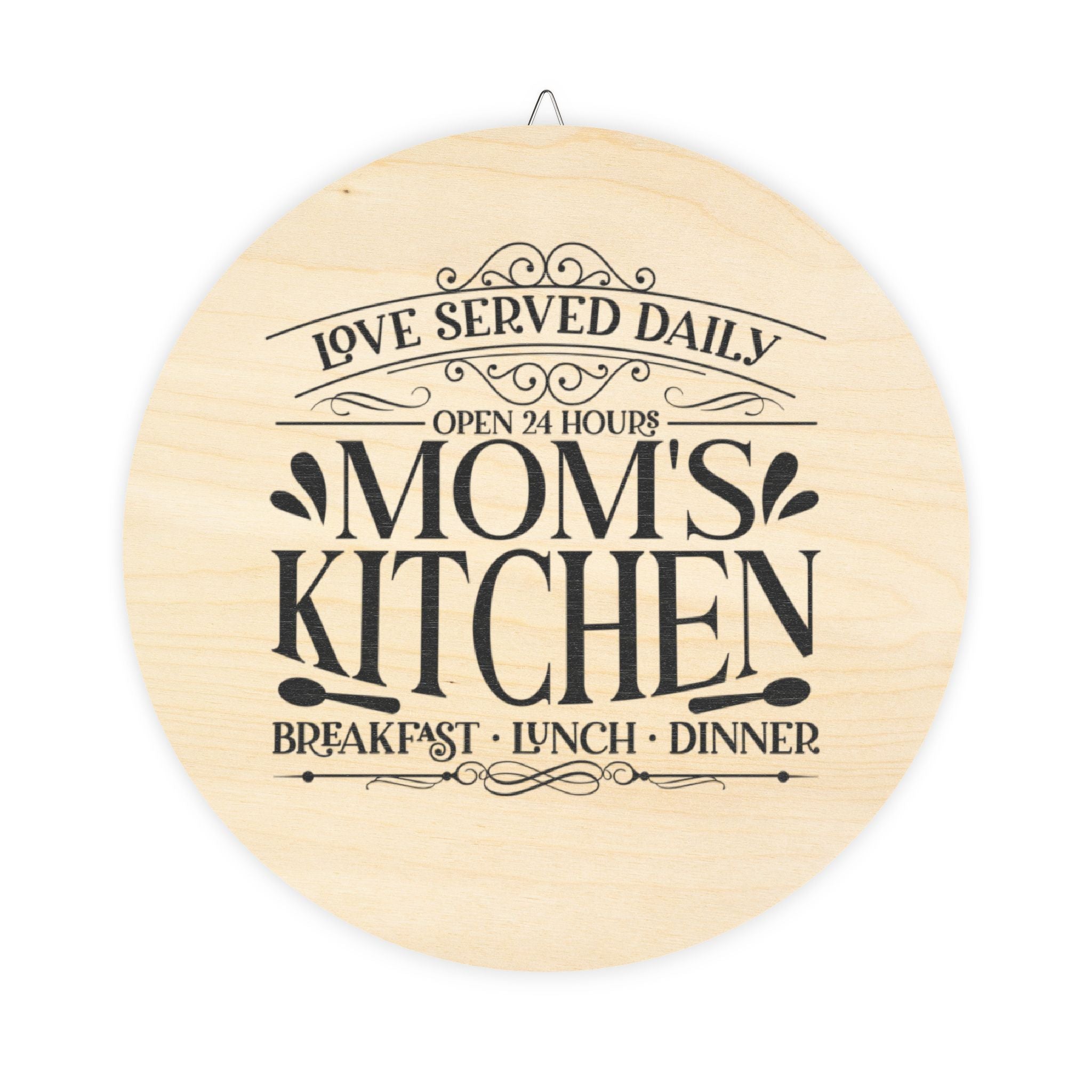 Mom's Kitchen Wood Sign – "Love Served Daily" Rustic Round Wall Decor