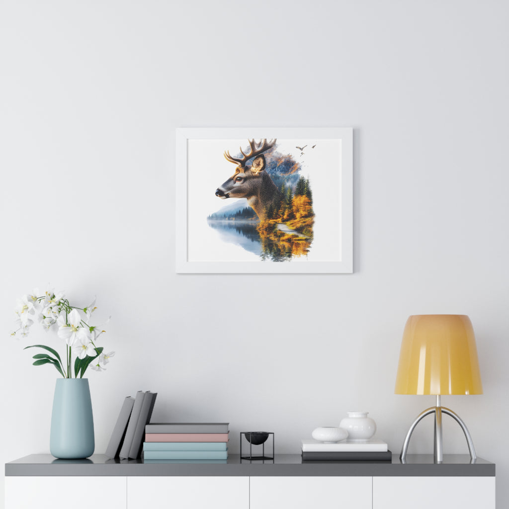 Double Exposure Deer & Forest Framed Poster — Wildlife Wall Art