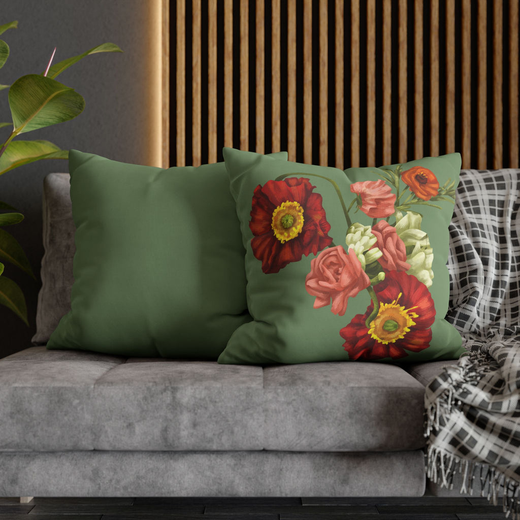 Botanical Poppies Floral Square Pillowcase — Green Floral Canvas Throw Pillow Cover