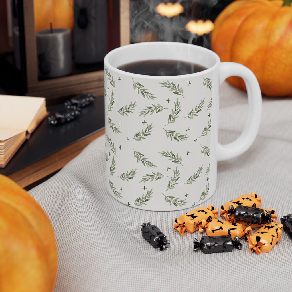 Olive Leaf Pattern Ceramic Mug — 11oz & 15oz Coffee Cup