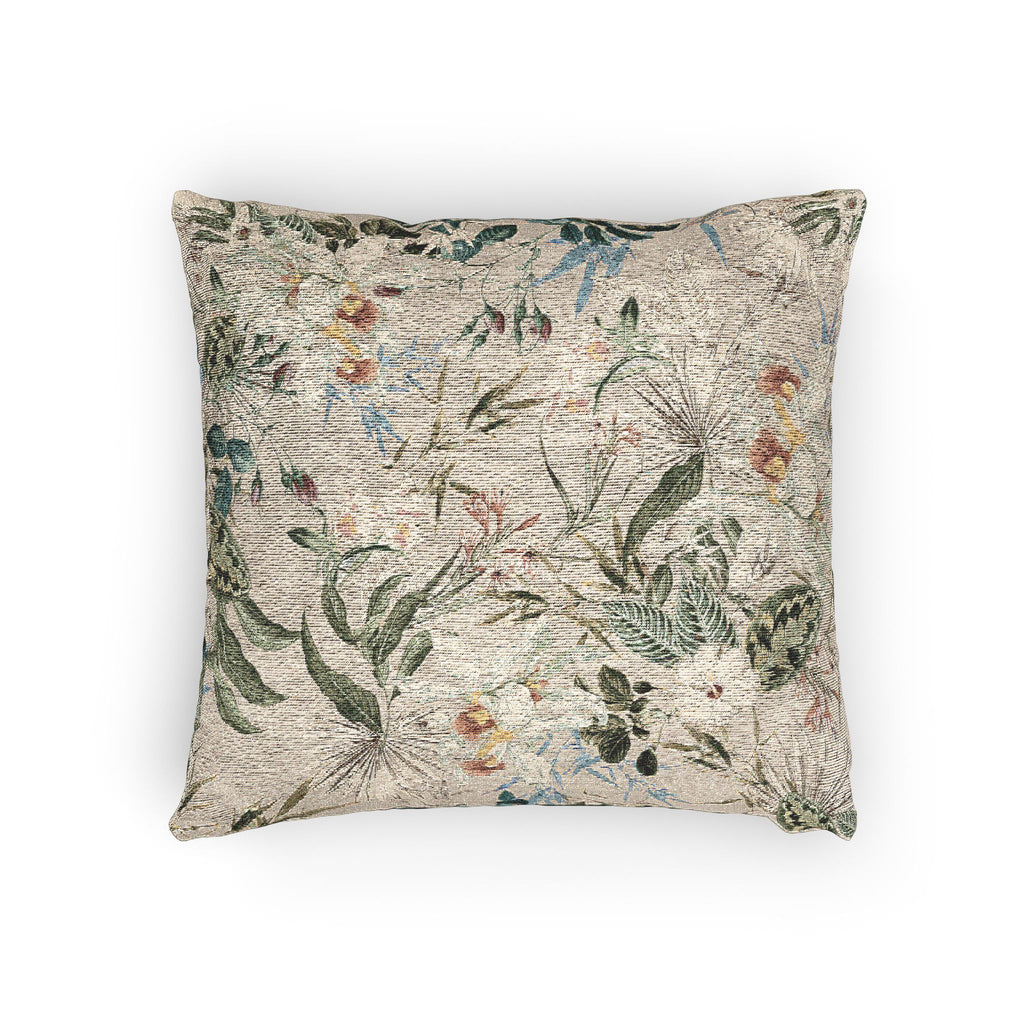 Botanical Woven Pillow — Vintage Floral Green Leaf Motif Decorative Cushion