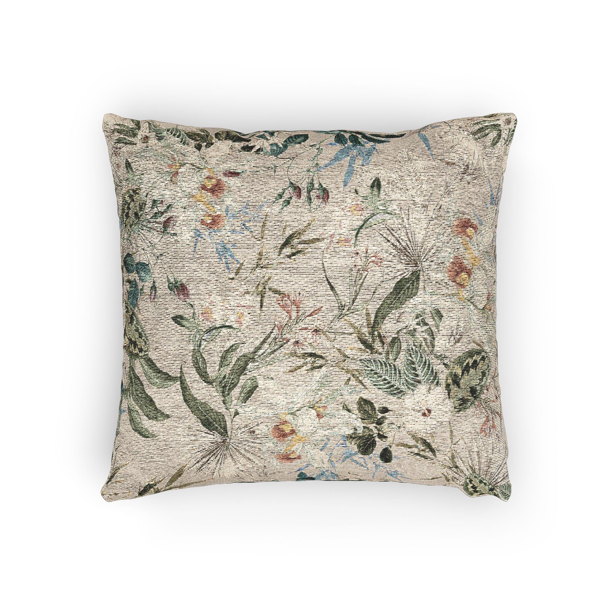 Botanical Woven Pillow — Vintage Floral Green Leaf Motif Decorative Cushion