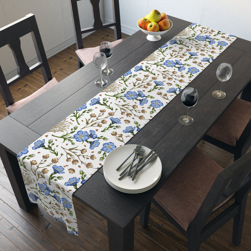 Blue Wildflower Table Runner — Floral Cotton-Blend Table Decor for Spring & Everyday