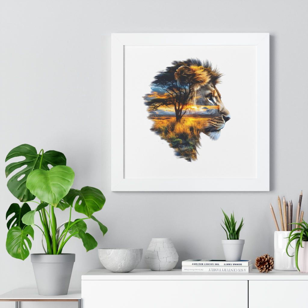 African Lion Double Exposure Framed Poster — Wildlife Art Print