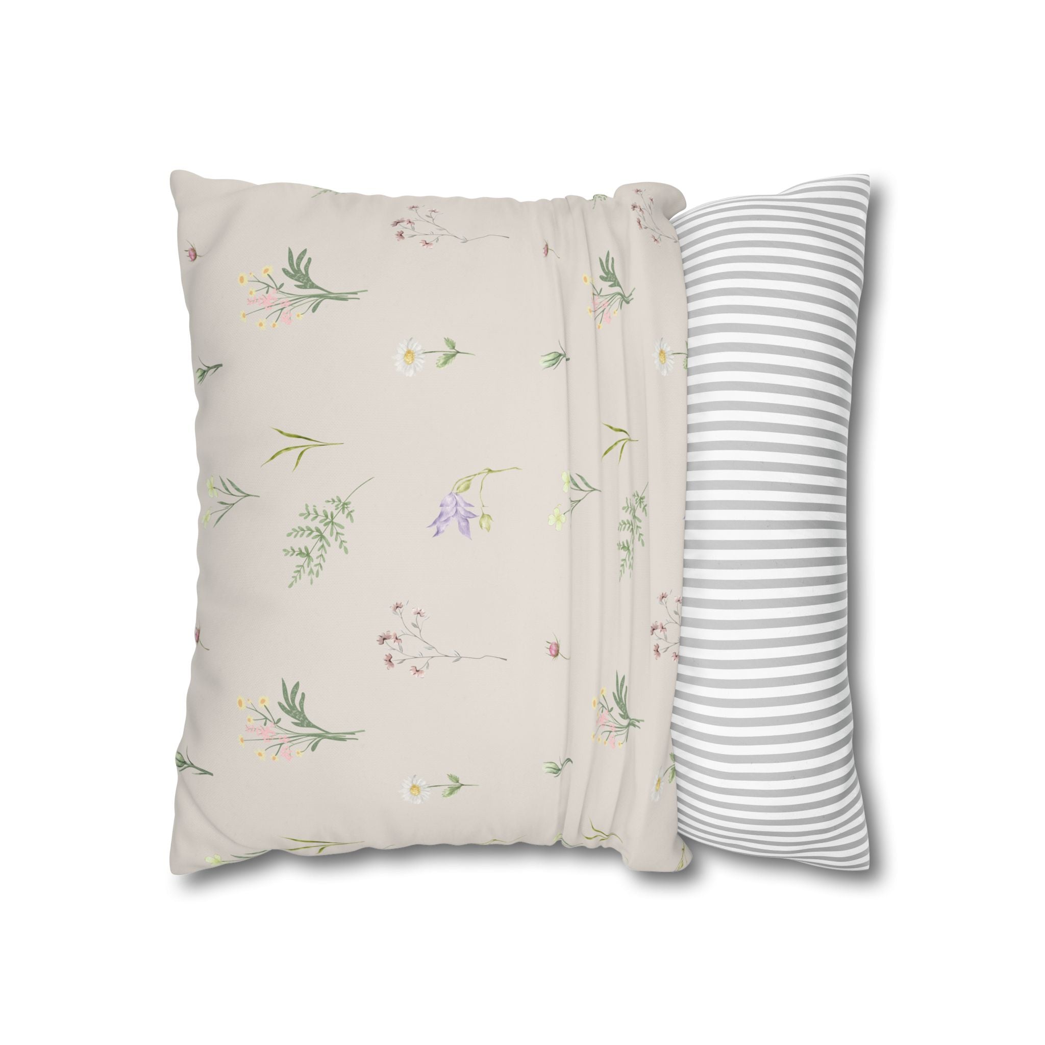 Cottage Wildflowers Square Poly Canvas Pillowcase — Floral Country Throw Pillow