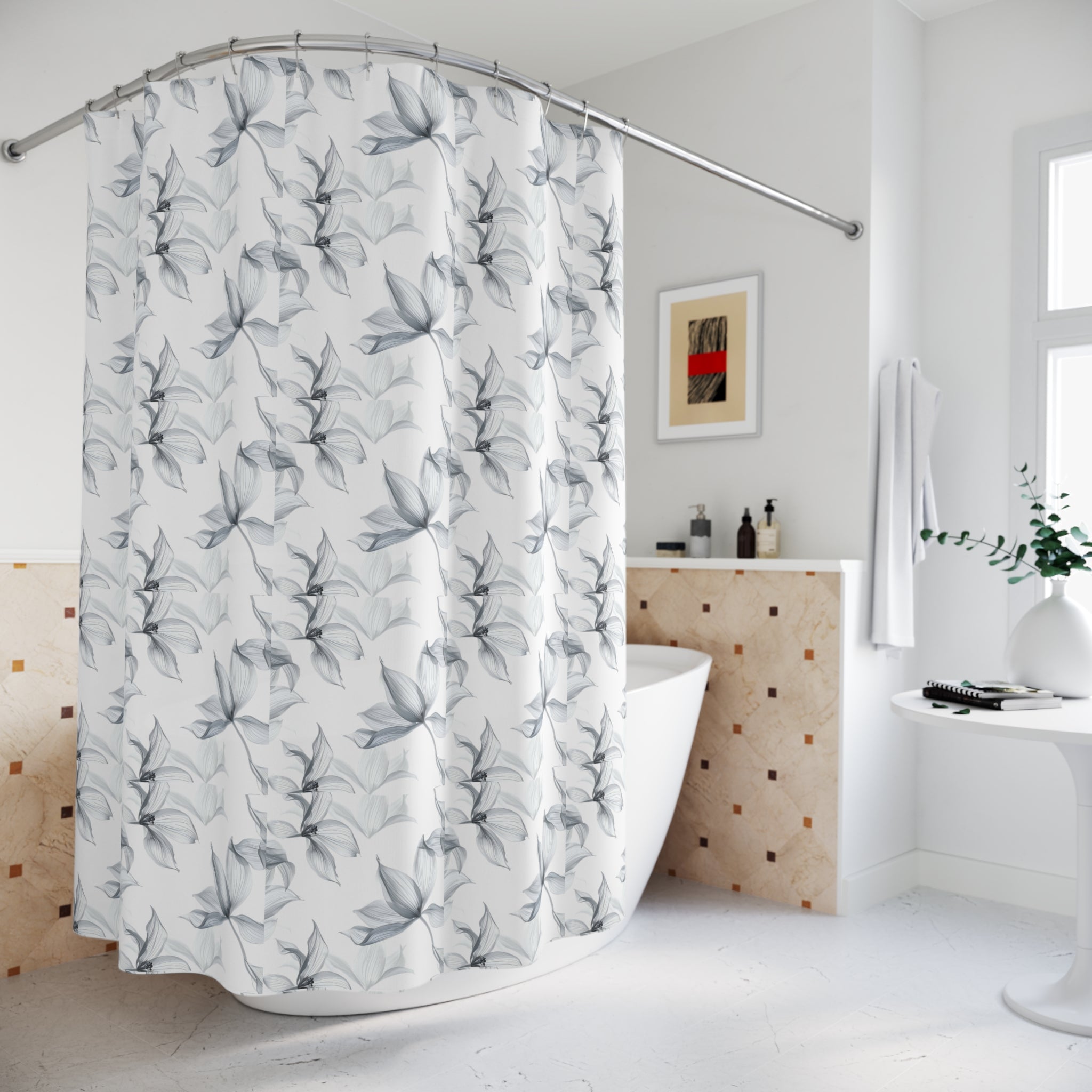 Botanical Shadow Shower Curtain — Monochrome Leaf Pattern for Modern Bathroom