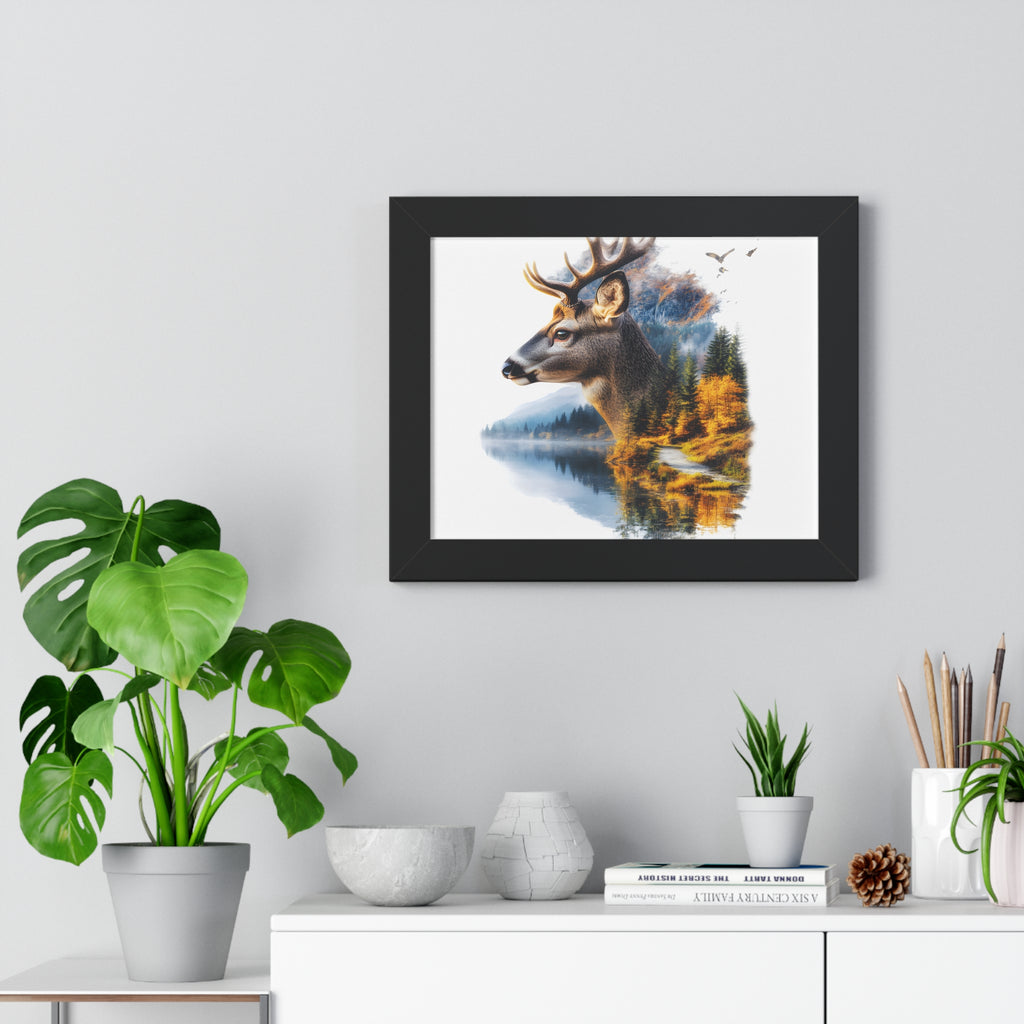Double Exposure Deer & Forest Framed Poster — Wildlife Wall Art