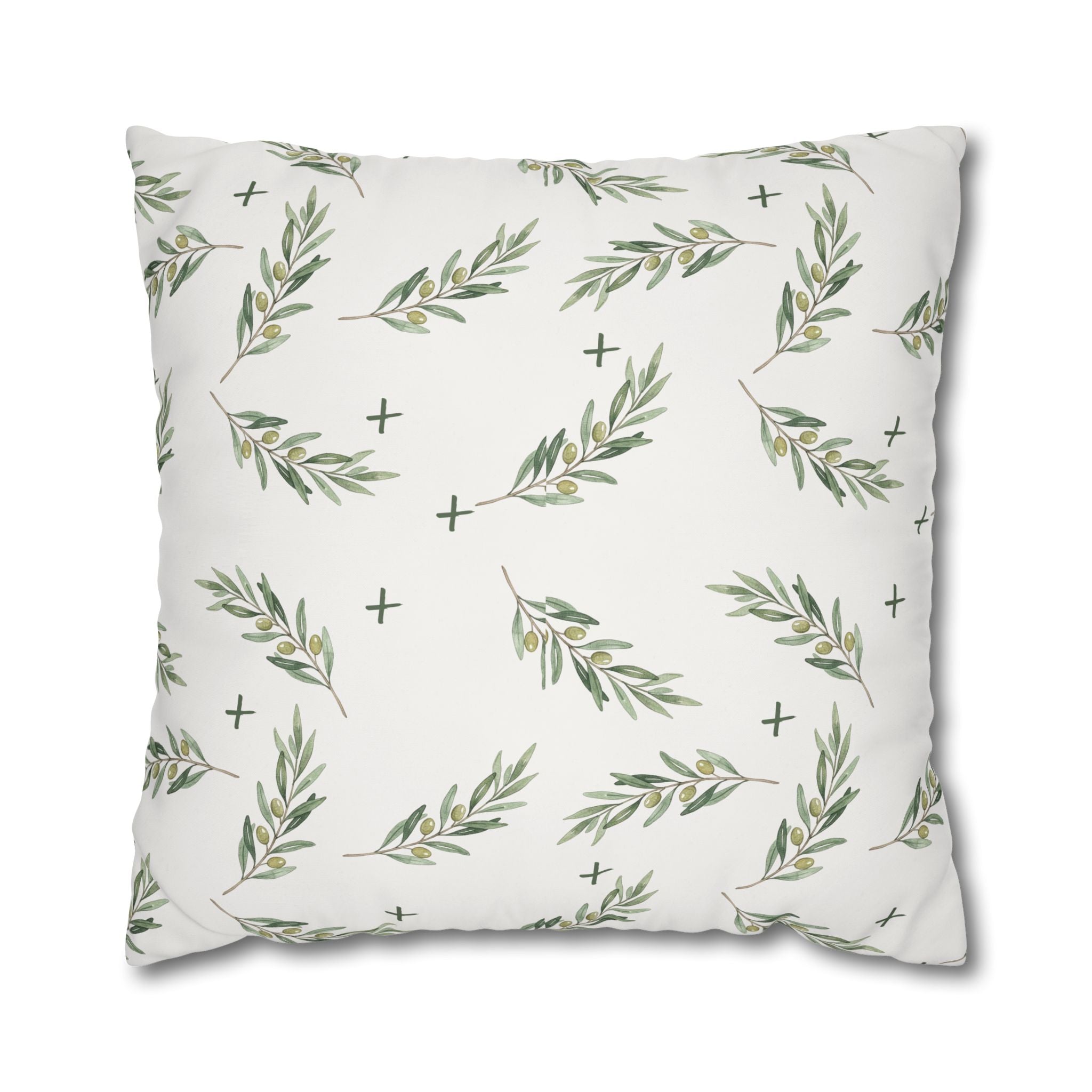 Botanical Olive Branch Square Pillowcase — Neutral Green Leaf Throw Pillow Cover