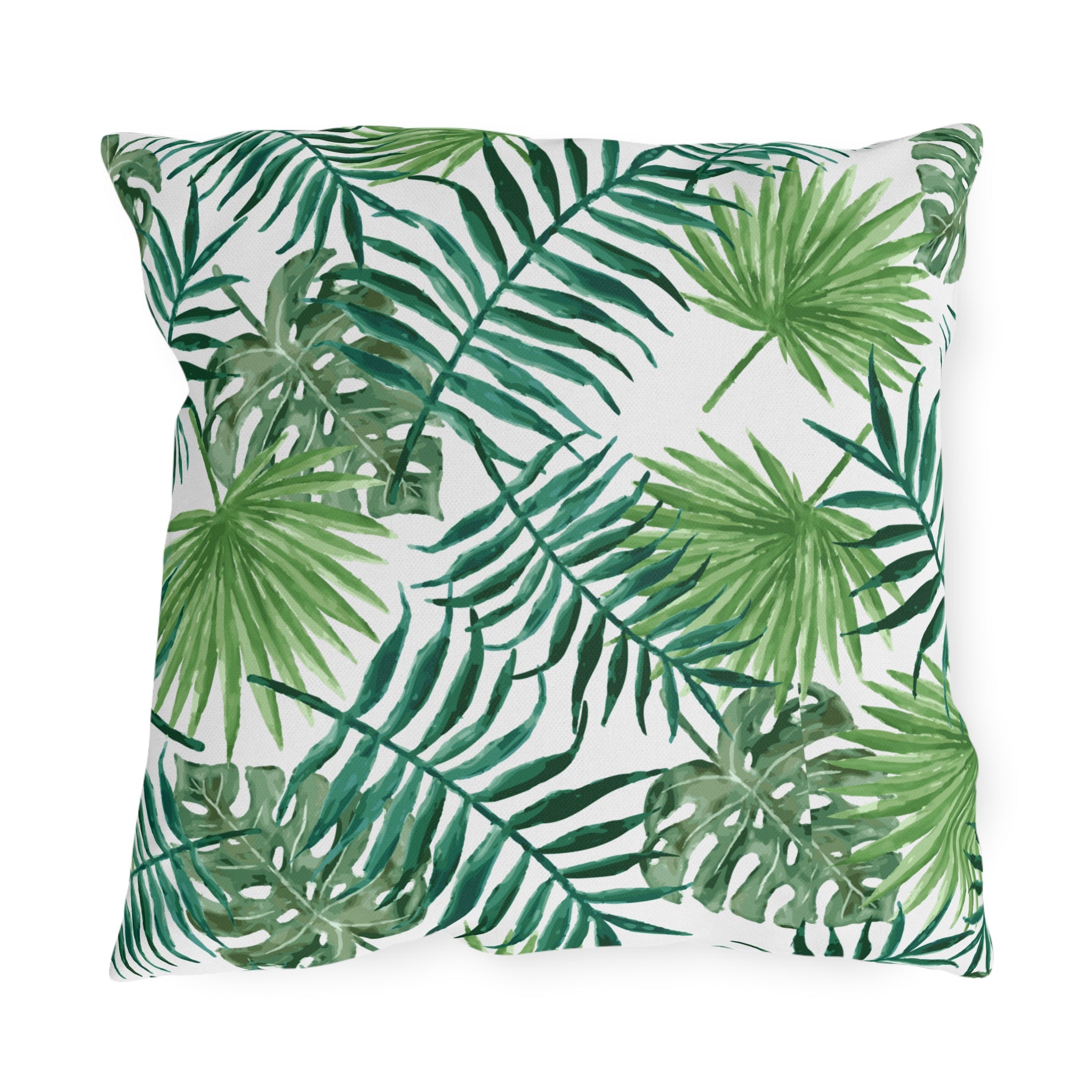 Tropical Palm Print Outdoor Pillow – Green Leaf & Striped Patio Cushion