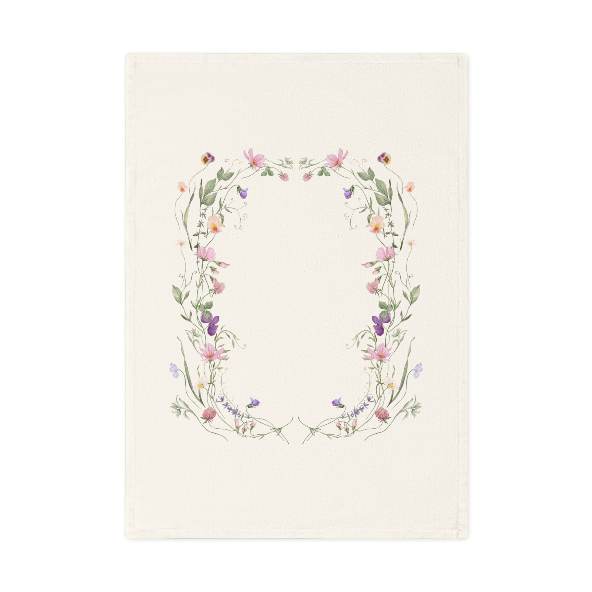 Floral Wreath Organic Cotton Tea Towel — Pastel Wildflower Kitchen Towel