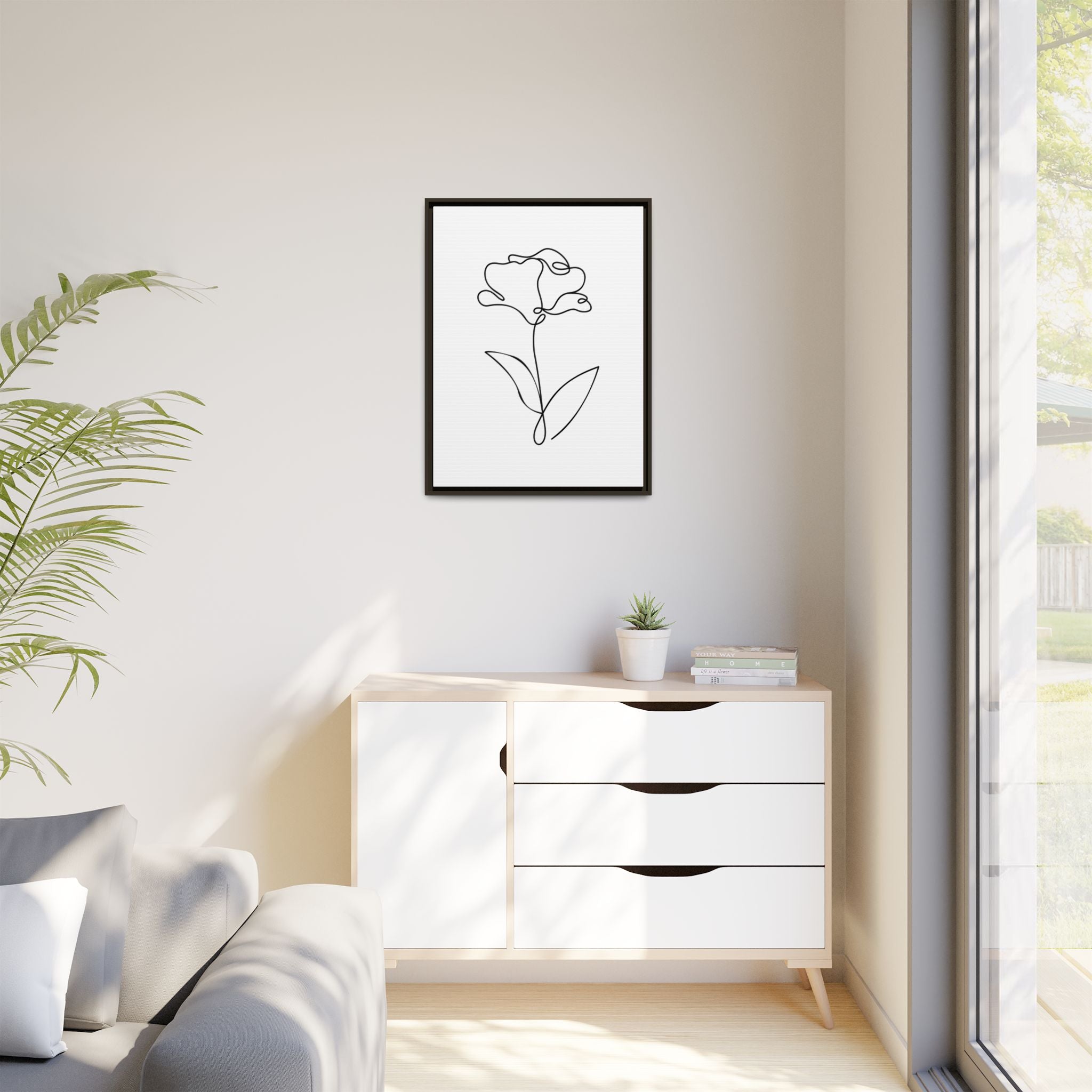 Minimal Line Art Flower Matte Canvas Framed Print