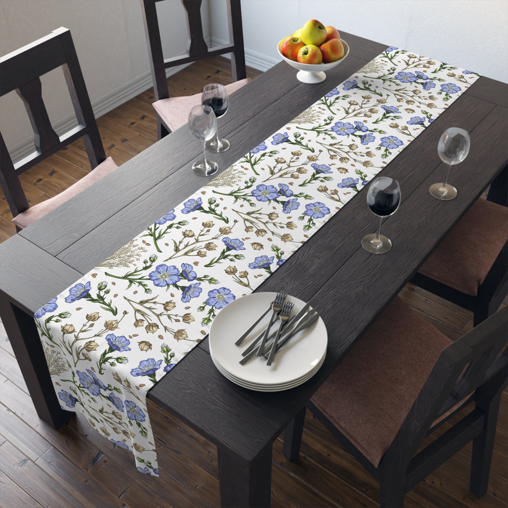 Blue Wildflower Table Runner — Floral Cotton-Blend Table Decor for Spring & Everyday