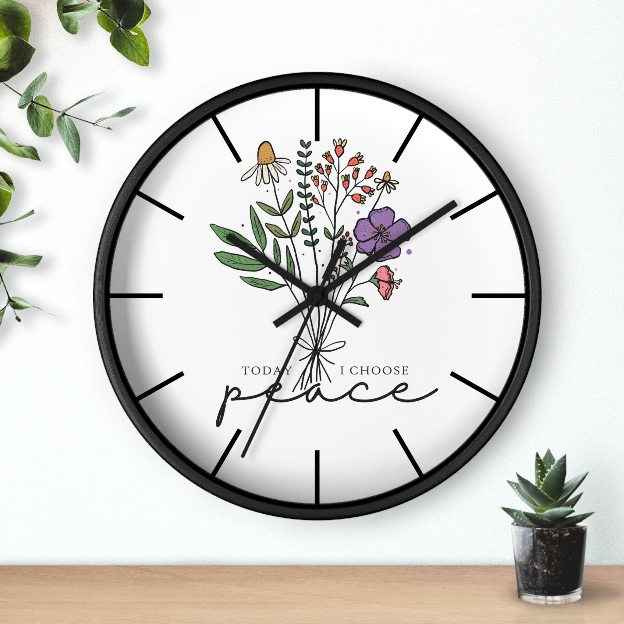 Floral "Today I Choose Peace" Wooden Wall Clock