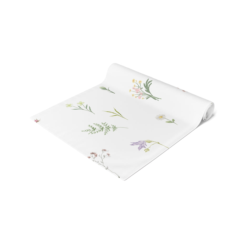 Botanical Spring Table Runner — Delicate Wildflower Print Cotton-Poly Table Runner