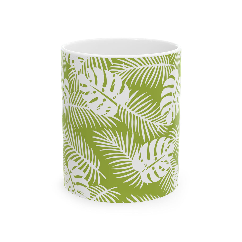 Tropical Leaf Ceramic Mug — Green Monstera & Palm Pattern (11oz, 15oz)
