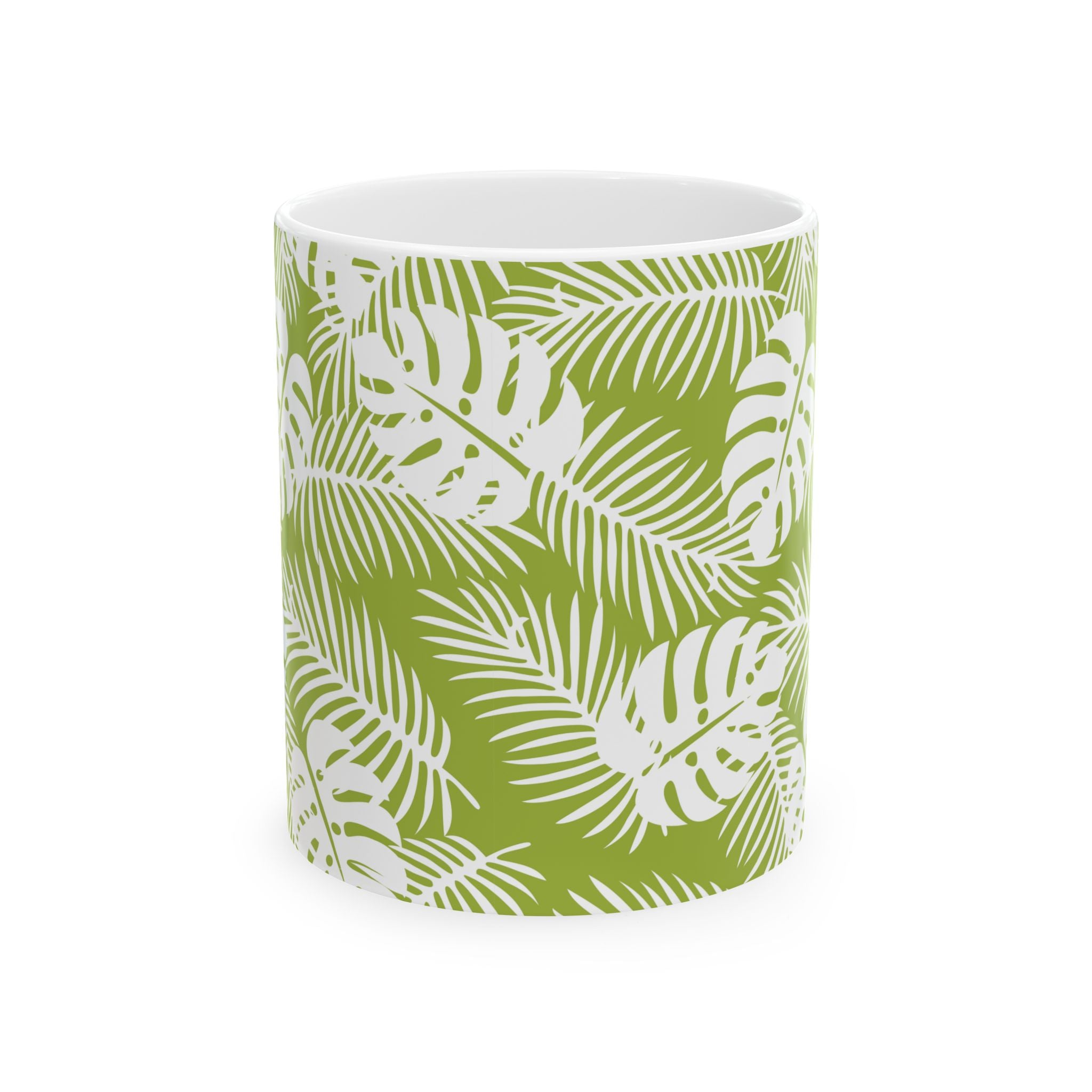 Tropical Leaf Ceramic Mug — Green Monstera & Palm Pattern (11oz, 15oz)