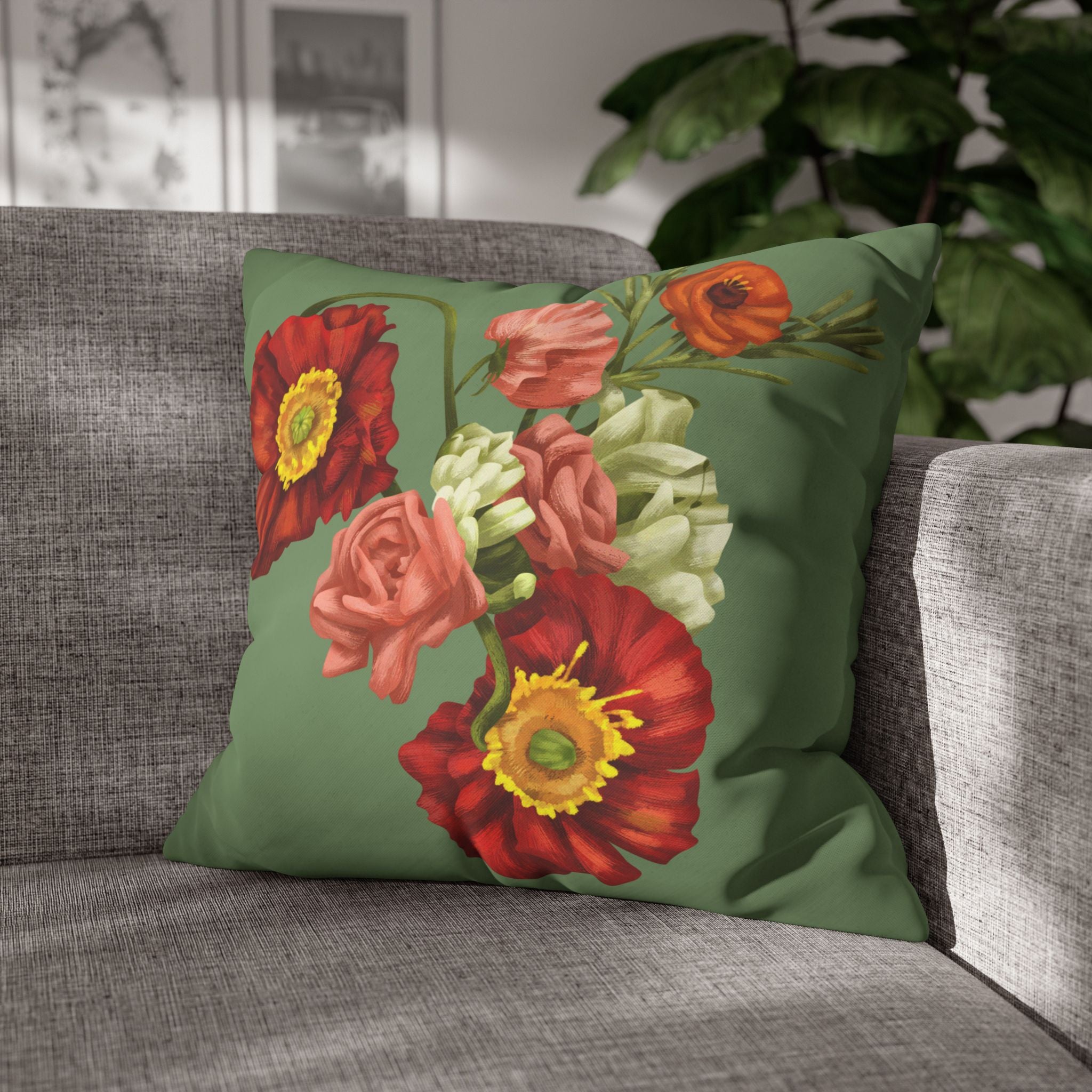 Botanical Poppies Floral Square Pillowcase — Green Floral Canvas Throw Pillow Cover