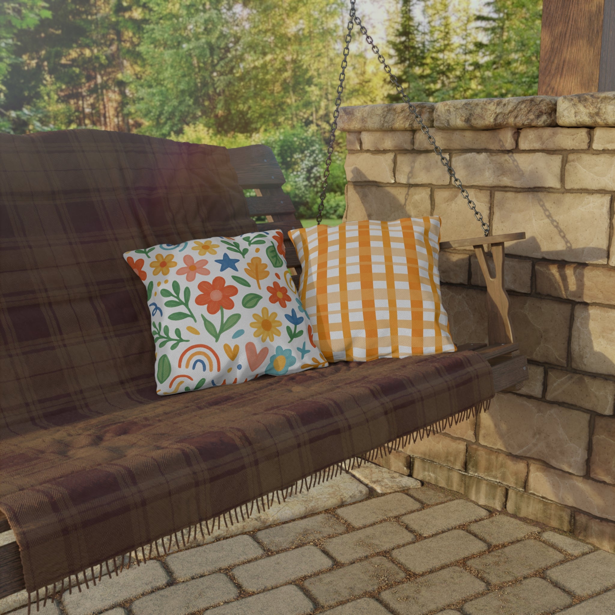 Floral & Gingham Outdoor Pillow — Bright Cottage Garden Decor
