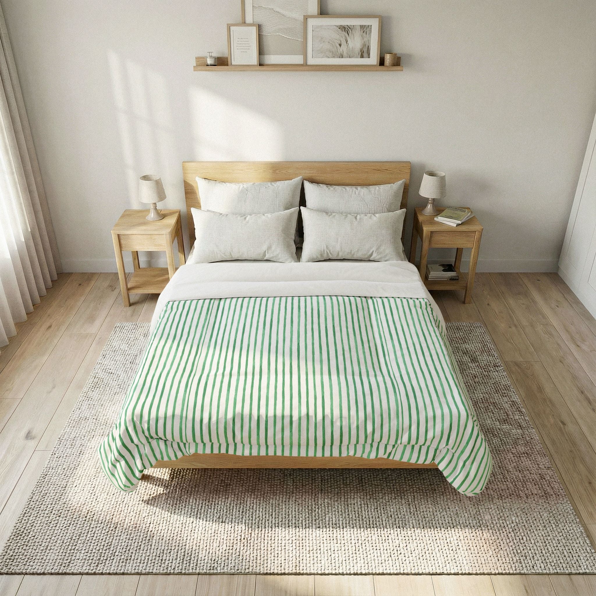 Mint Green Striped Cotton Comforter — Lightweight Quilted Bedspread