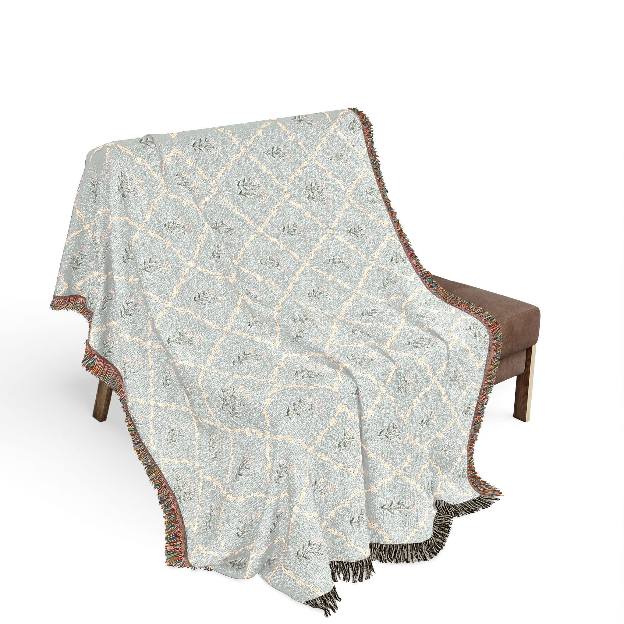 Woven Throw Blanket — Reversible Boho Diamond & Floral Pattern with Fringe