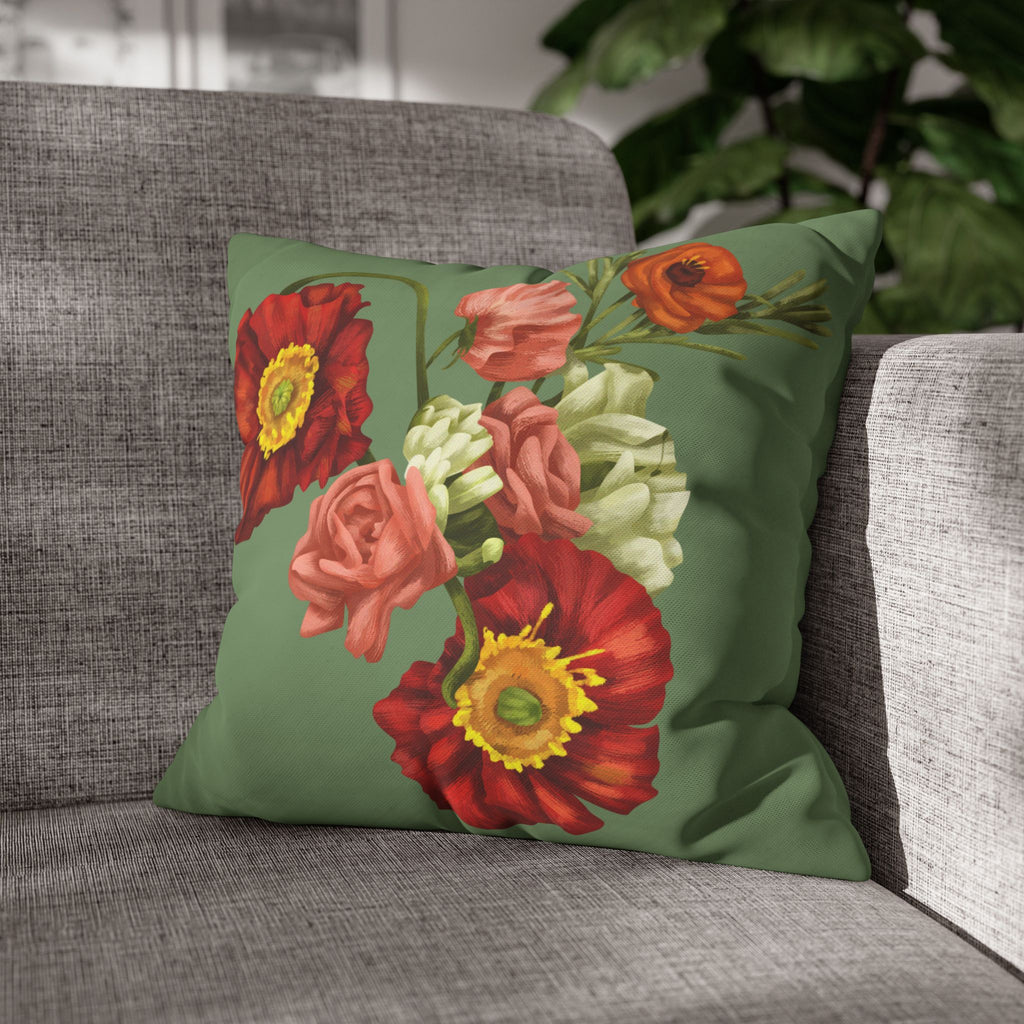 Botanical Poppies Floral Square Pillowcase — Green Floral Canvas Throw Pillow Cover