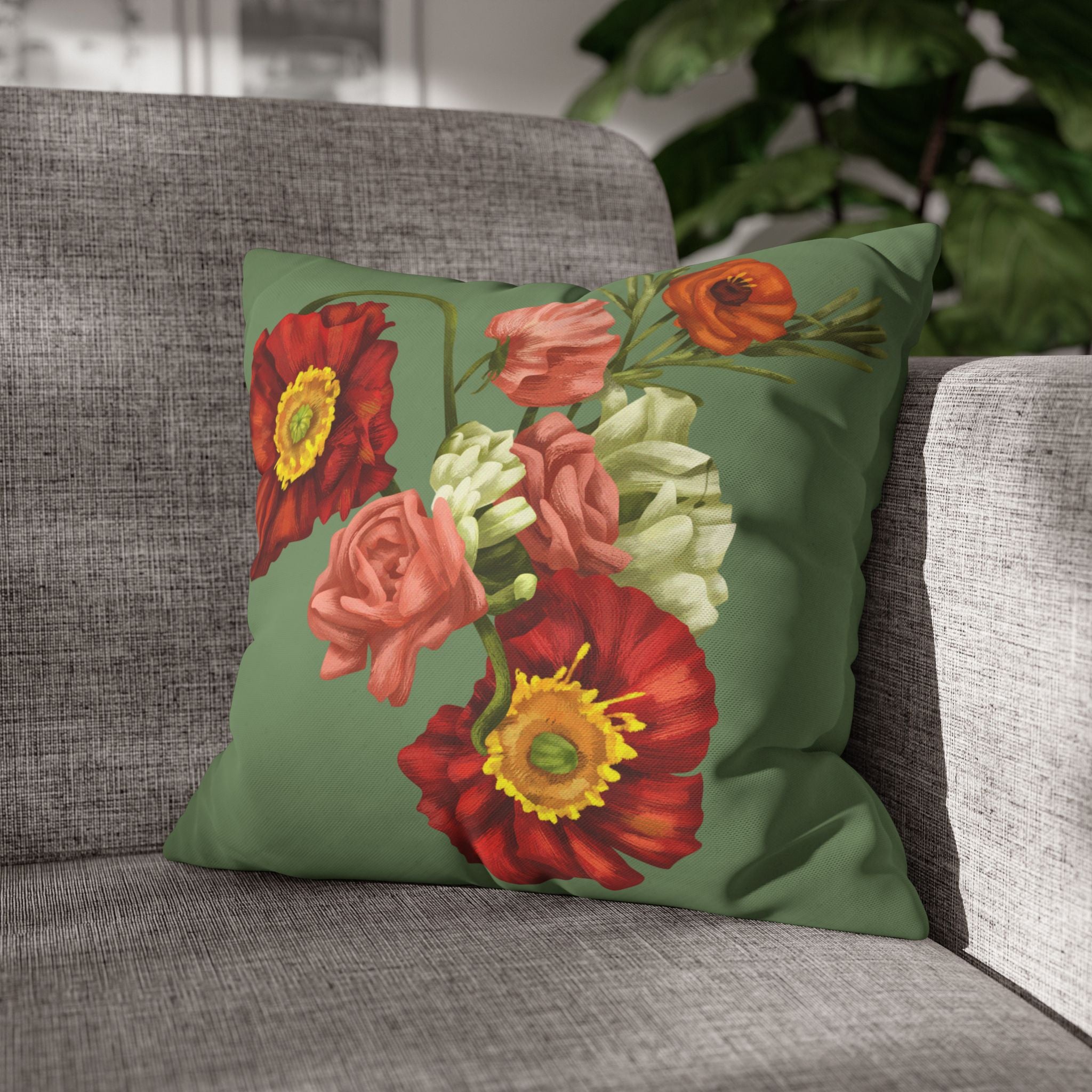 Botanical Poppies Floral Square Pillowcase — Green Floral Canvas Throw Pillow Cover
