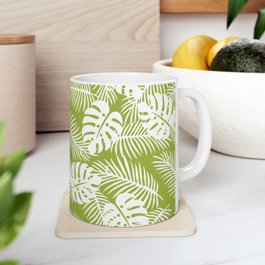 Tropical Leaf Ceramic Mug — Green Monstera & Palm Pattern (11oz, 15oz)