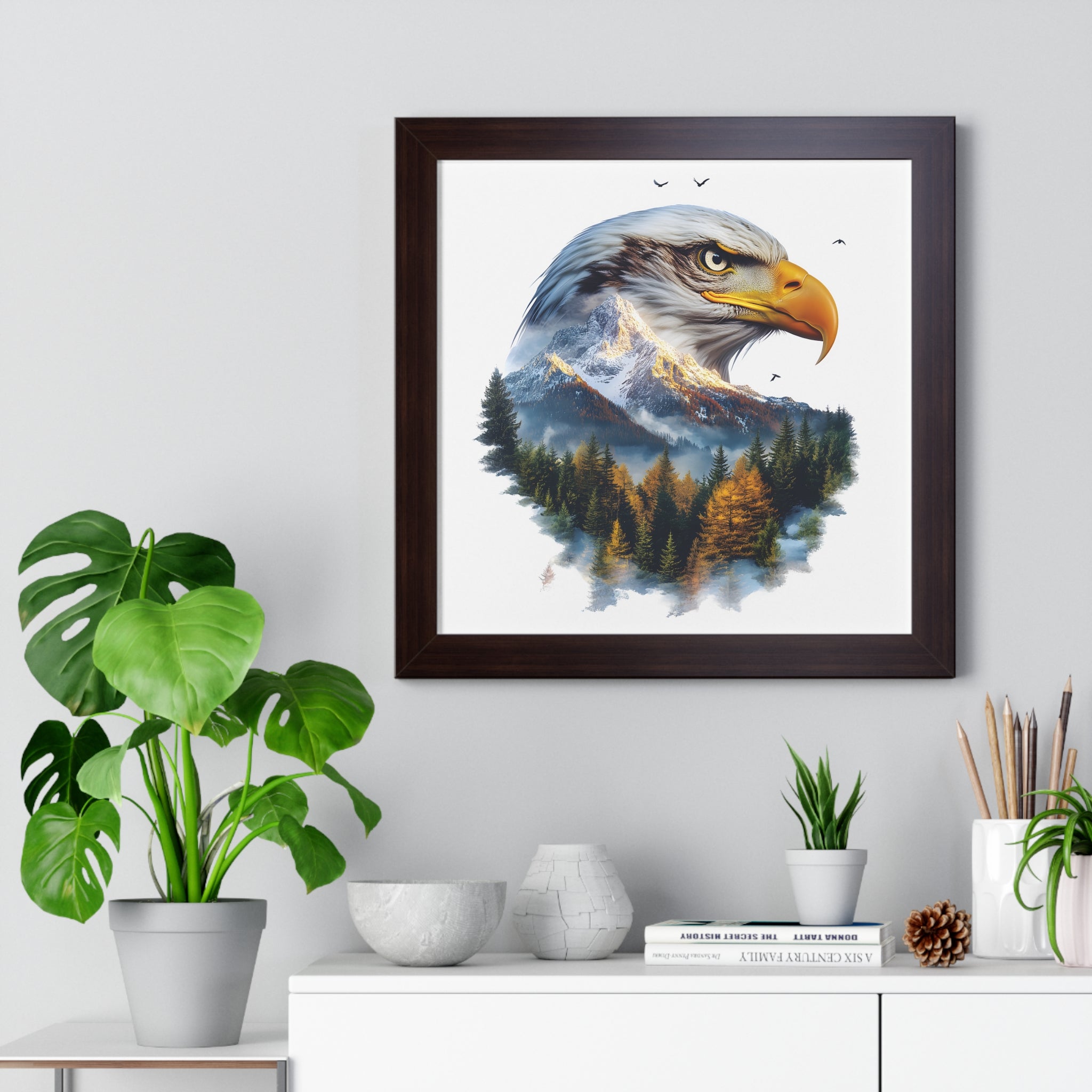 Bald Eagle Double Exposure Woodland Framed Poster Wall Art
