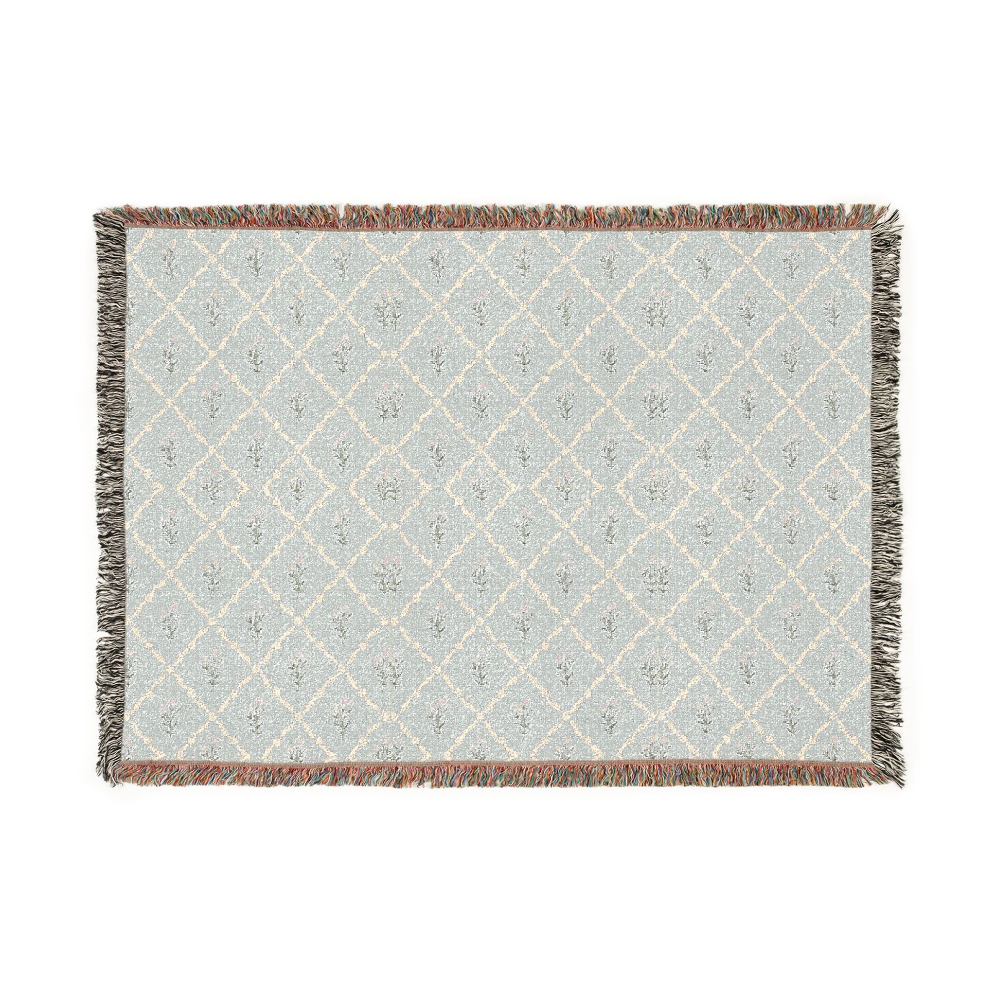 Woven Throw Blanket — Reversible Boho Diamond & Floral Pattern with Fringe