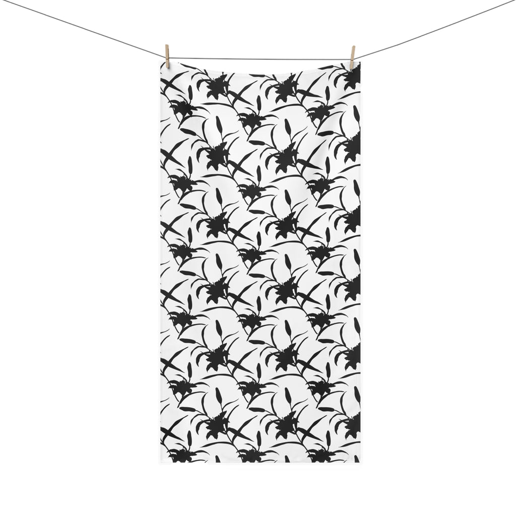 Black Floral Pattern Cotton Towel — Monochrome Botanical Beach & Bath Towel