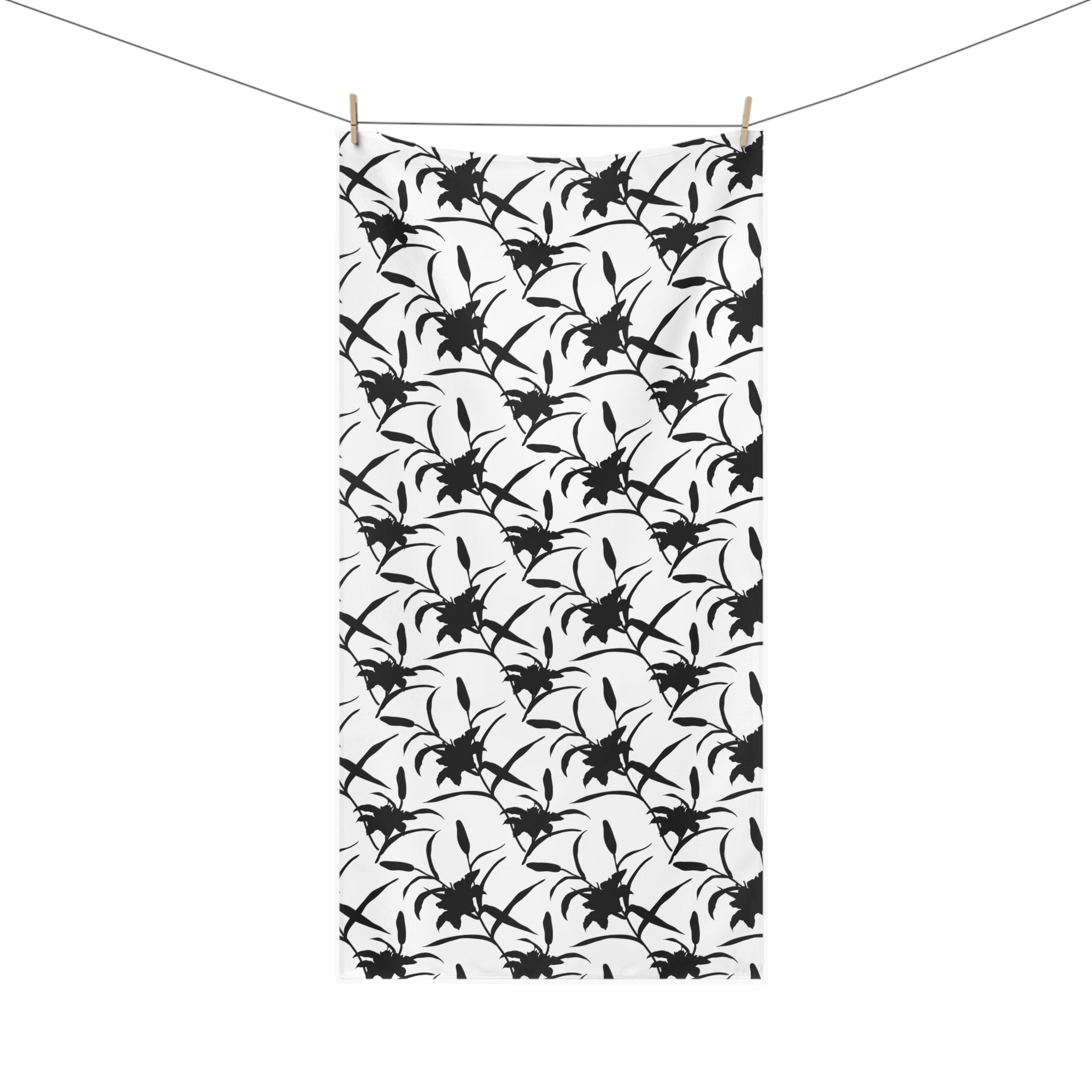 Black Floral Pattern Cotton Towel — Monochrome Botanical Beach & Bath Towel