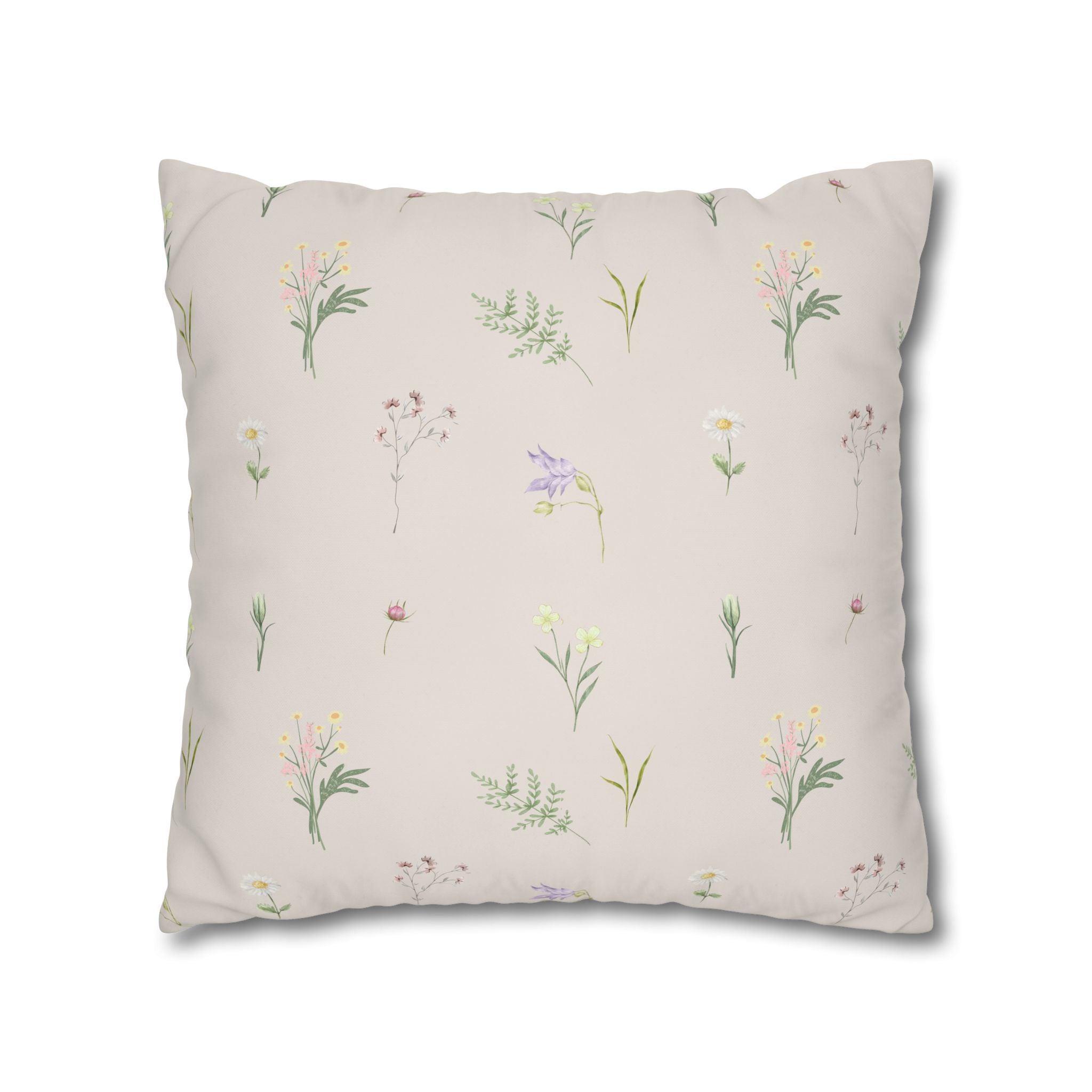 Cottage Wildflowers Square Poly Canvas Pillowcase — Floral Country Throw Pillow