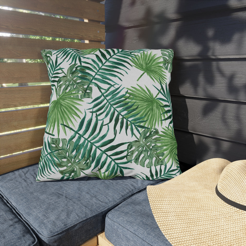 Tropical Palm Print Outdoor Pillow – Green Leaf & Striped Patio Cushion