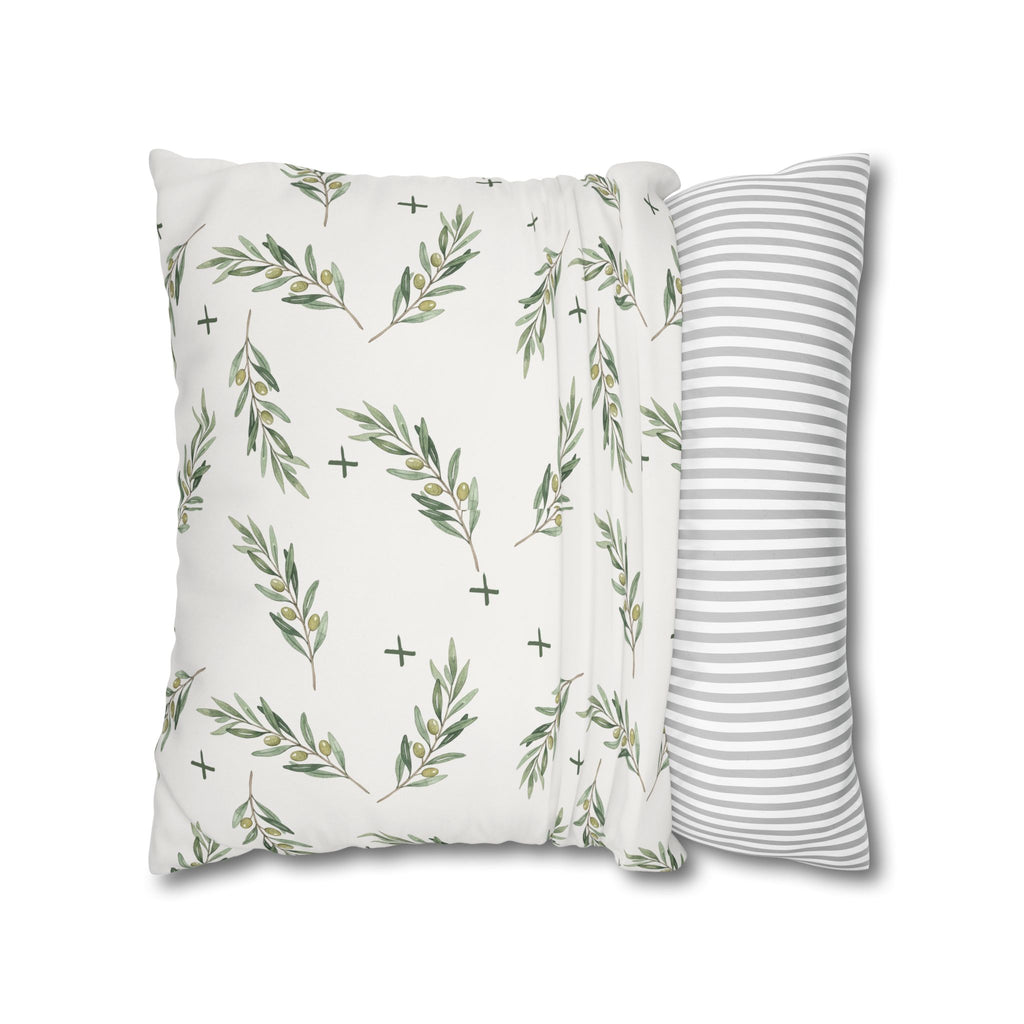 Botanical Olive Branch Square Pillowcase — Neutral Green Leaf Throw Pillow Cover