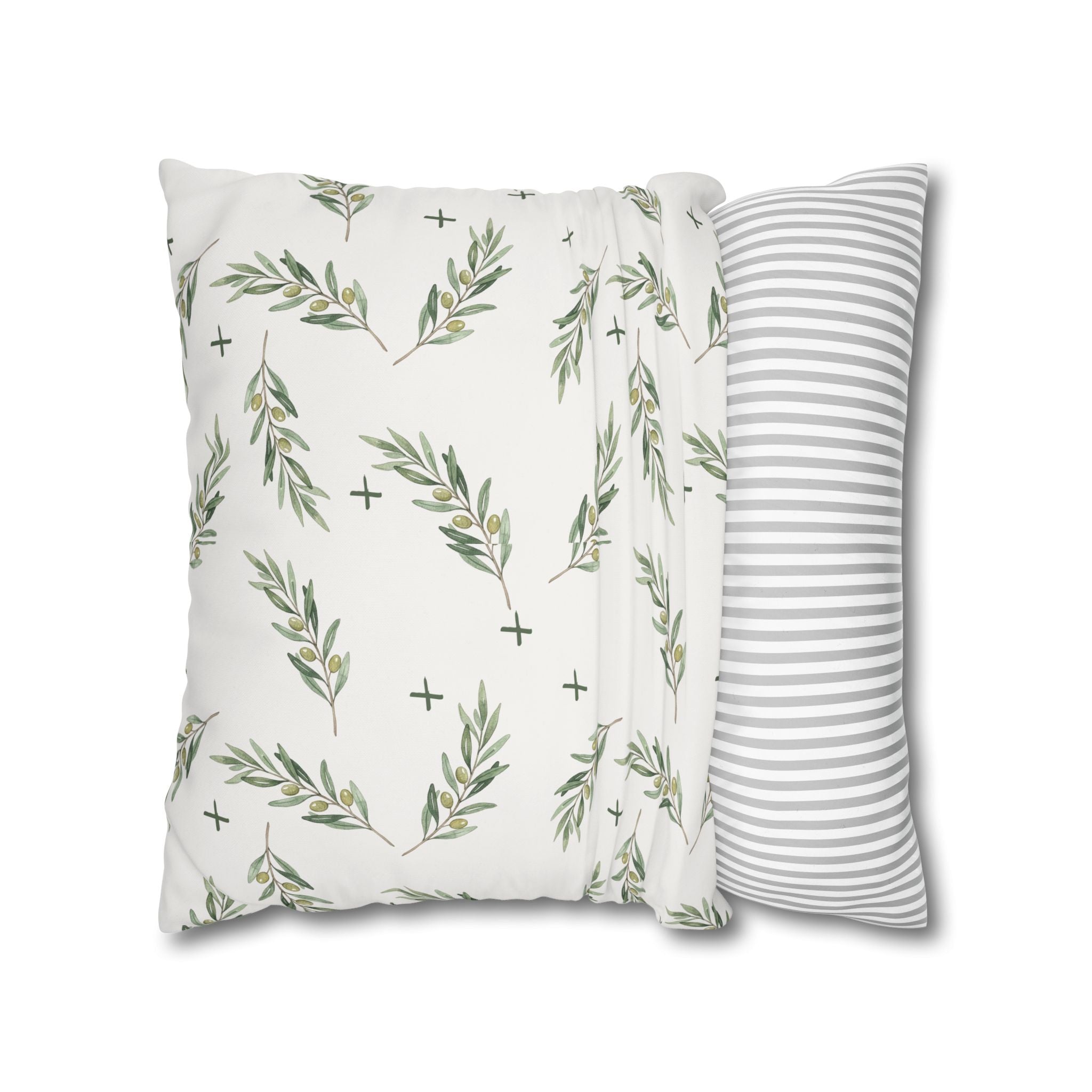 Botanical Olive Branch Square Pillowcase — Neutral Green Leaf Throw Pillow Cover
