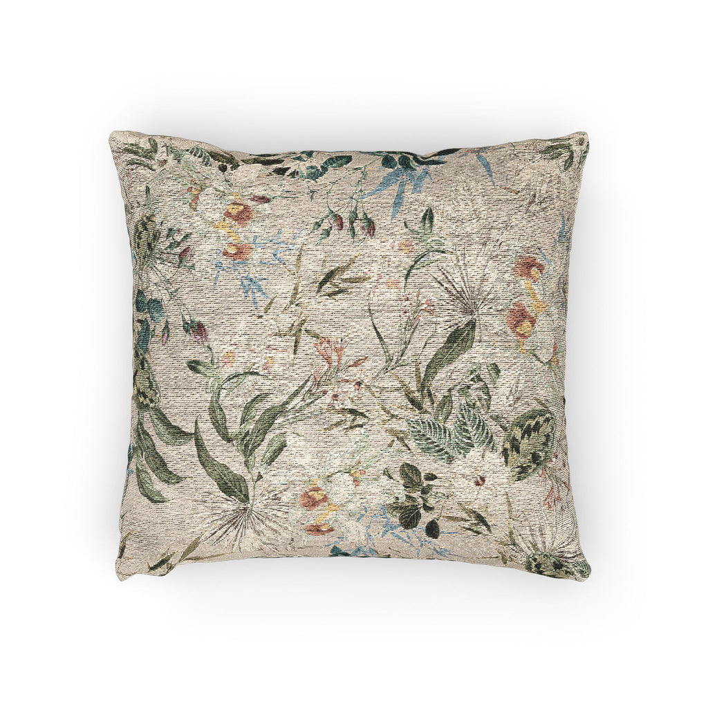 Botanical Woven Pillow — Vintage Floral Green Leaf Motif Decorative Cushion
