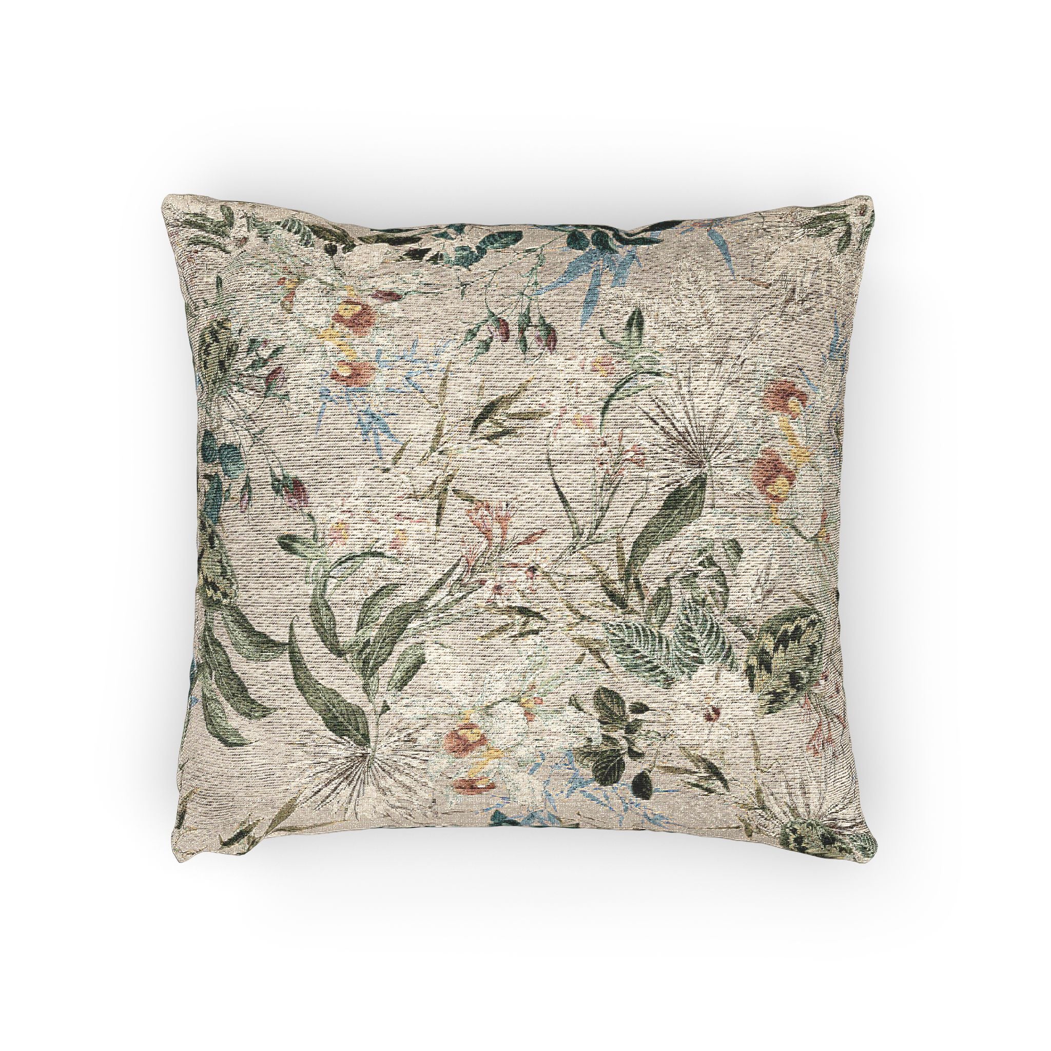 Botanical Woven Pillow — Vintage Floral Green Leaf Motif Decorative Cushion