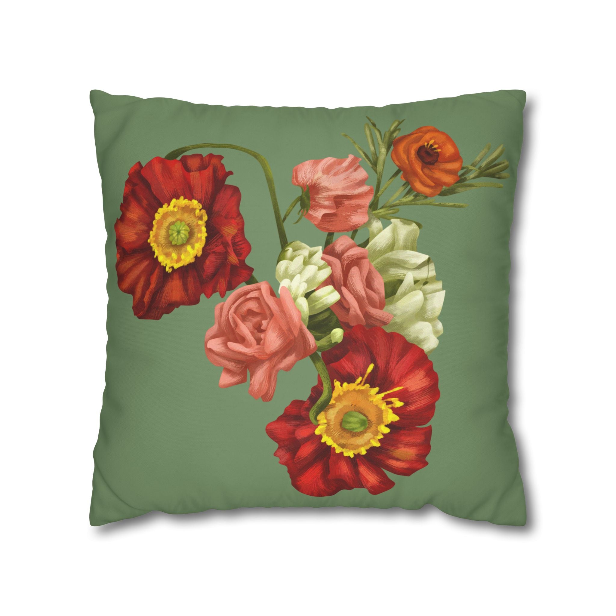 Botanical Poppies Floral Square Pillowcase — Green Floral Canvas Throw Pillow Cover