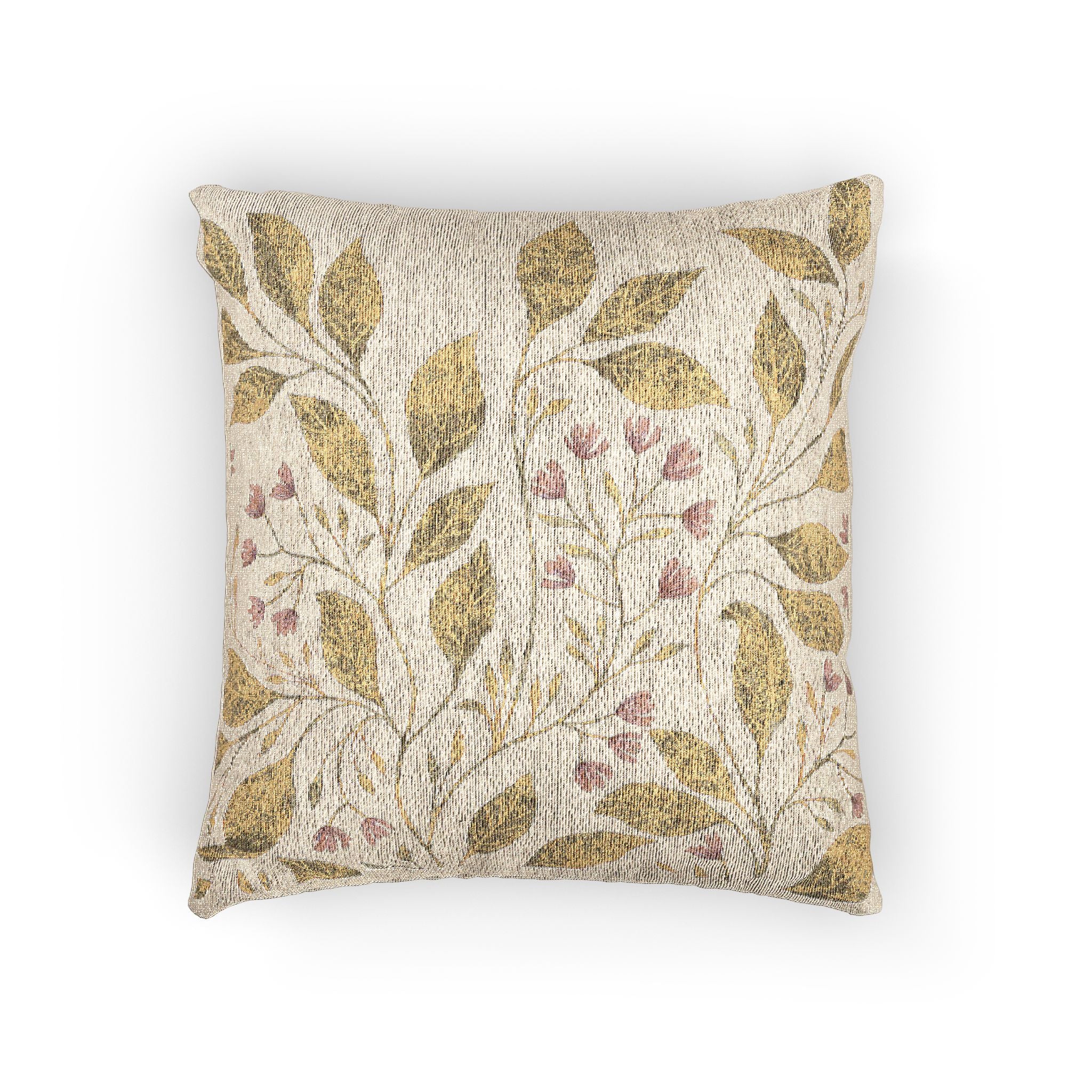 Botanical Woven Pillow — Neutral Olive Green Leaf Motif Decorative Cushion