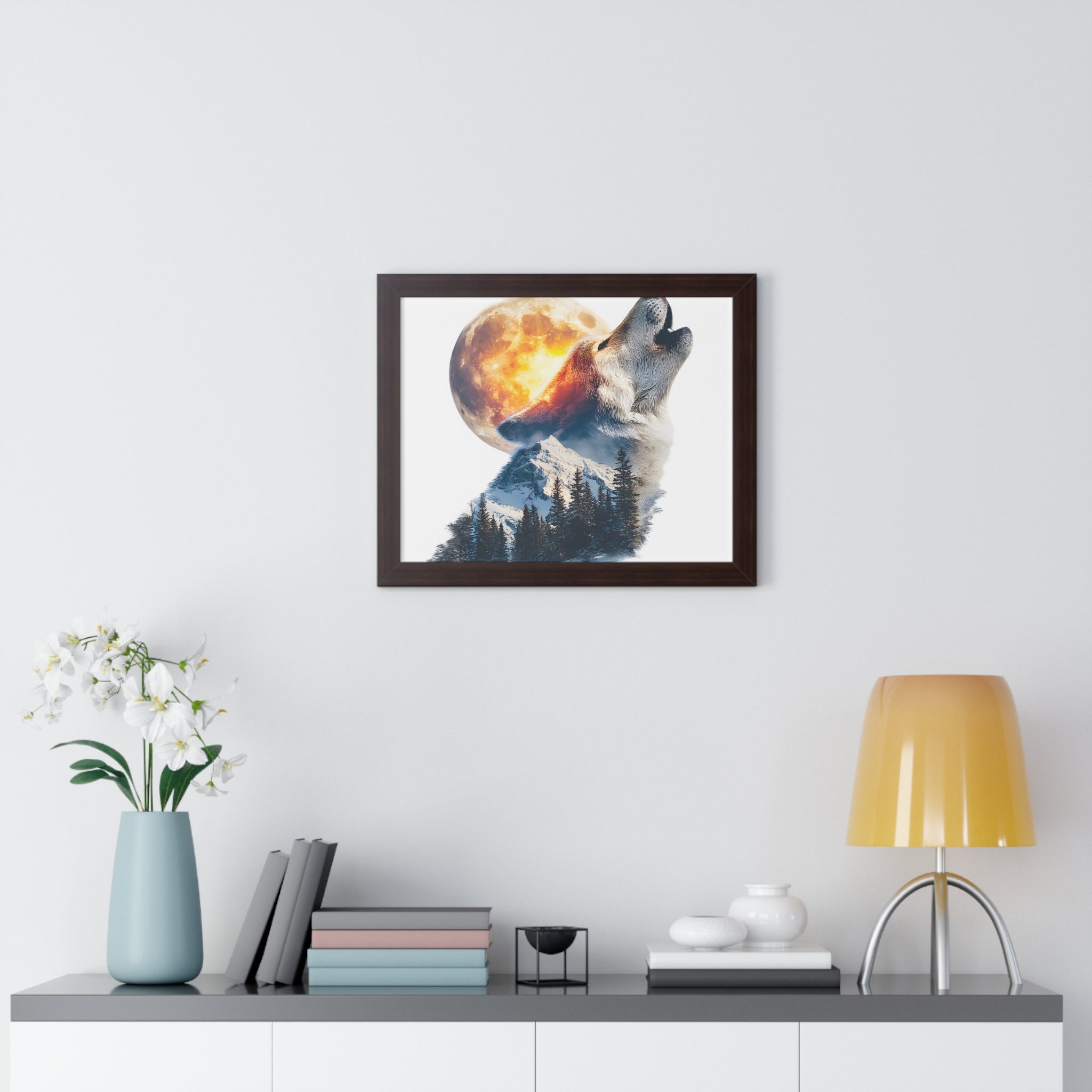 Howling Wolf & Full Moon Framed Poster — Double Exposure Wildlife Print