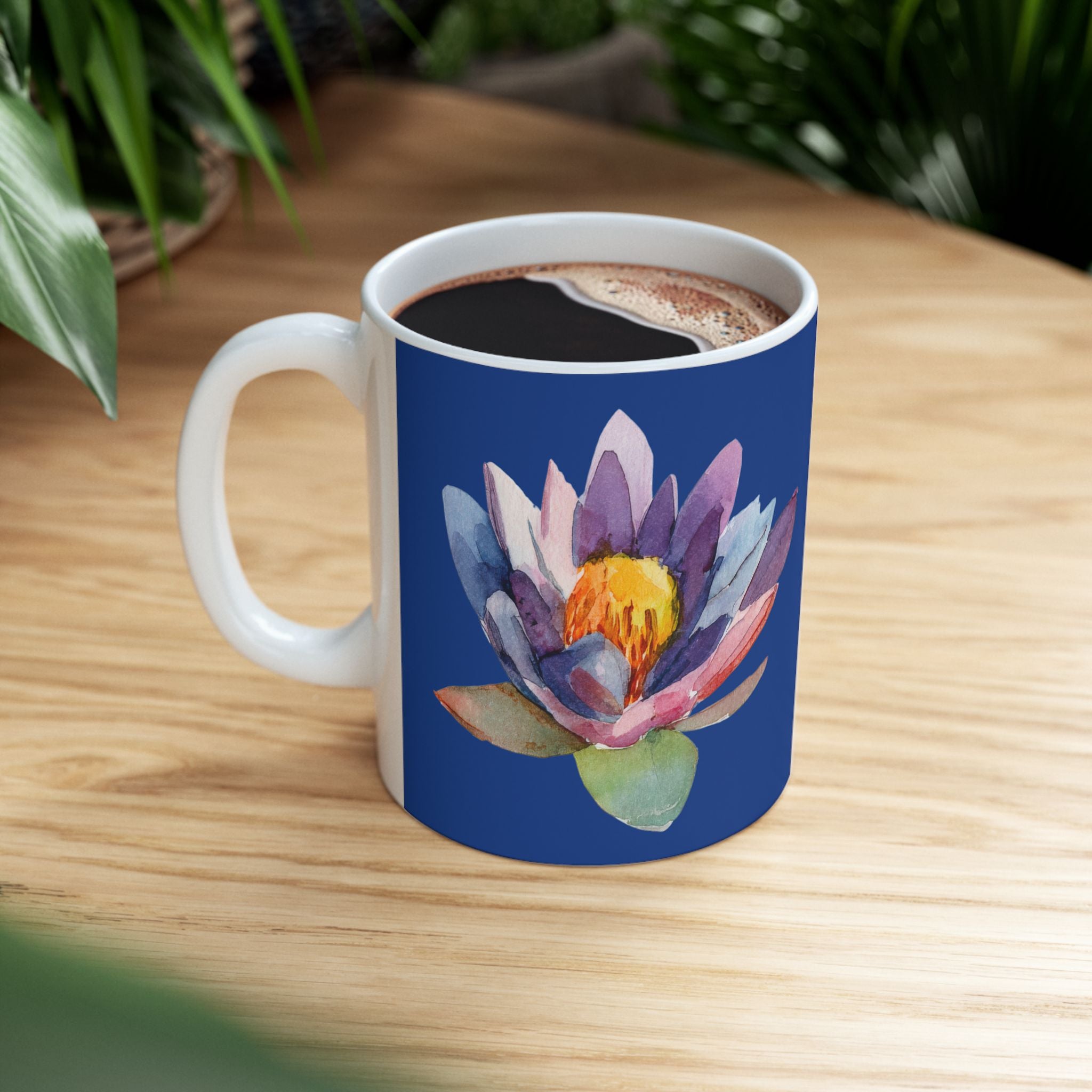 Blue Waterlily Floral Ceramic Mug — Waterlily Coffee Tea Cup (11oz, 15oz)