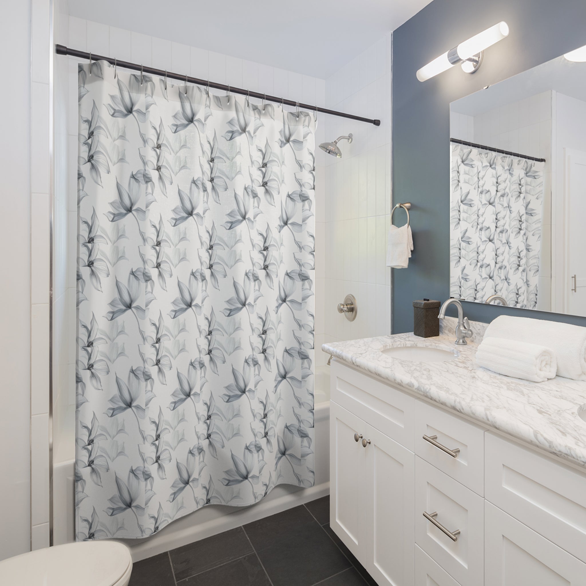Botanical Shadow Shower Curtain — Monochrome Leaf Pattern for Modern Bathroom