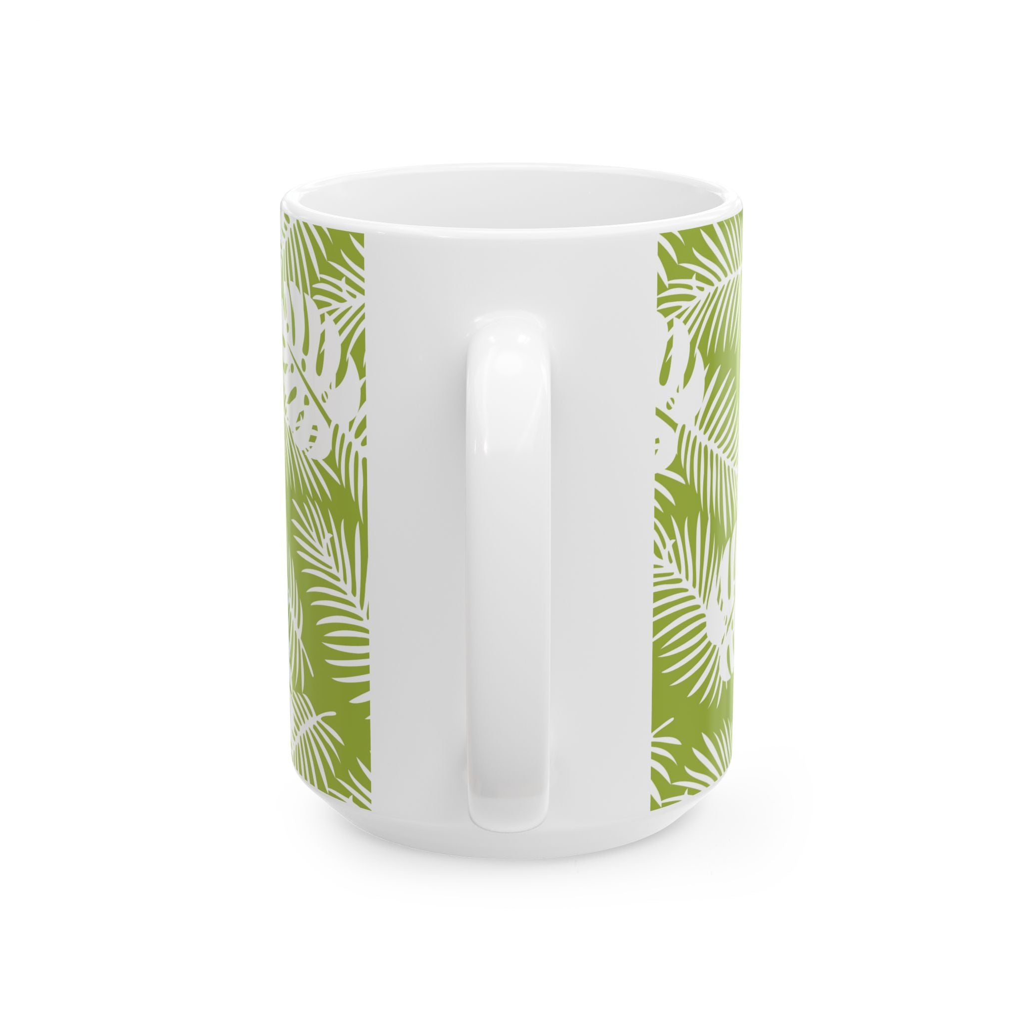 Tropical Leaf Ceramic Mug — Green Monstera & Palm Pattern (11oz, 15oz)