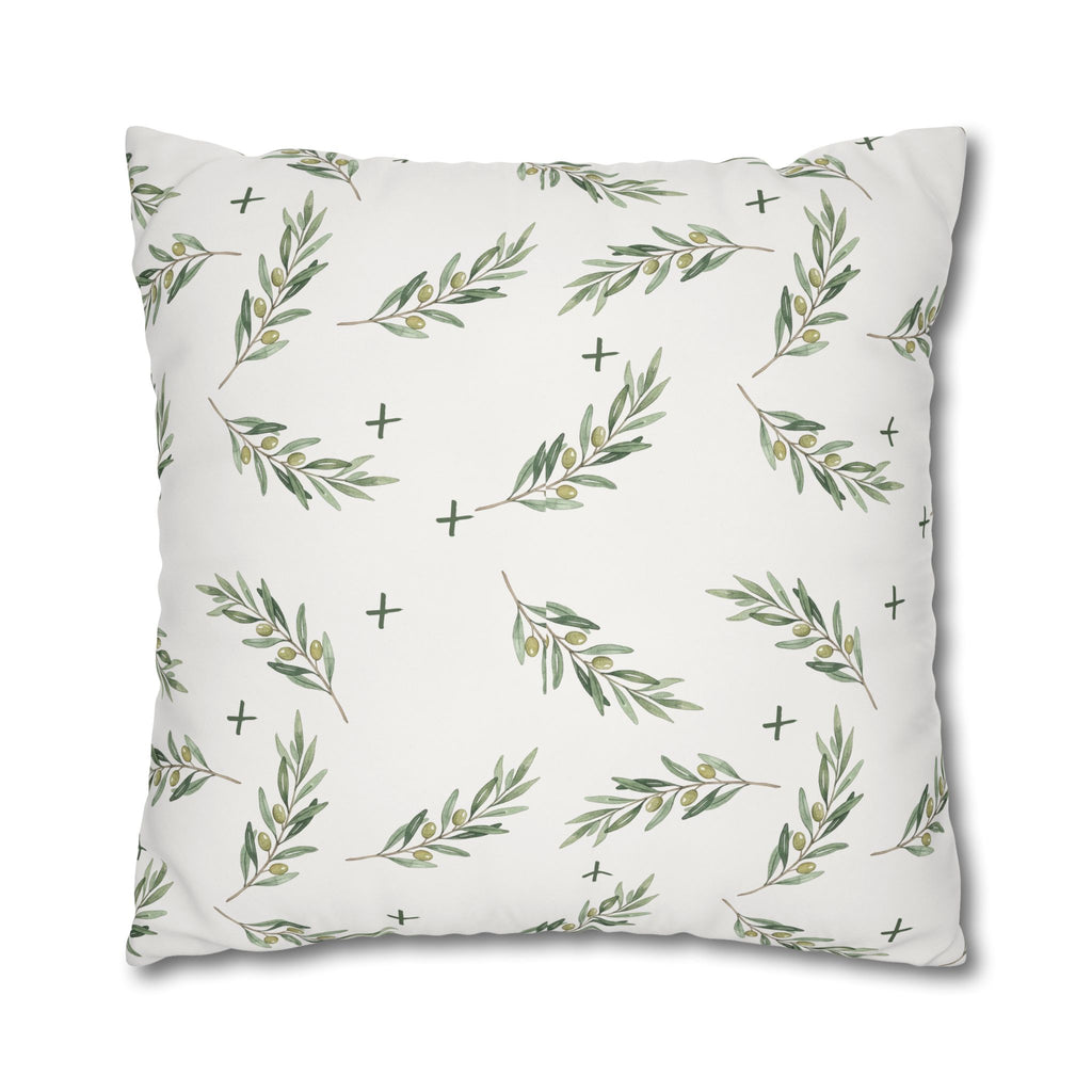 Botanical Olive Branch Square Pillowcase — Neutral Green Leaf Throw Pillow Cover