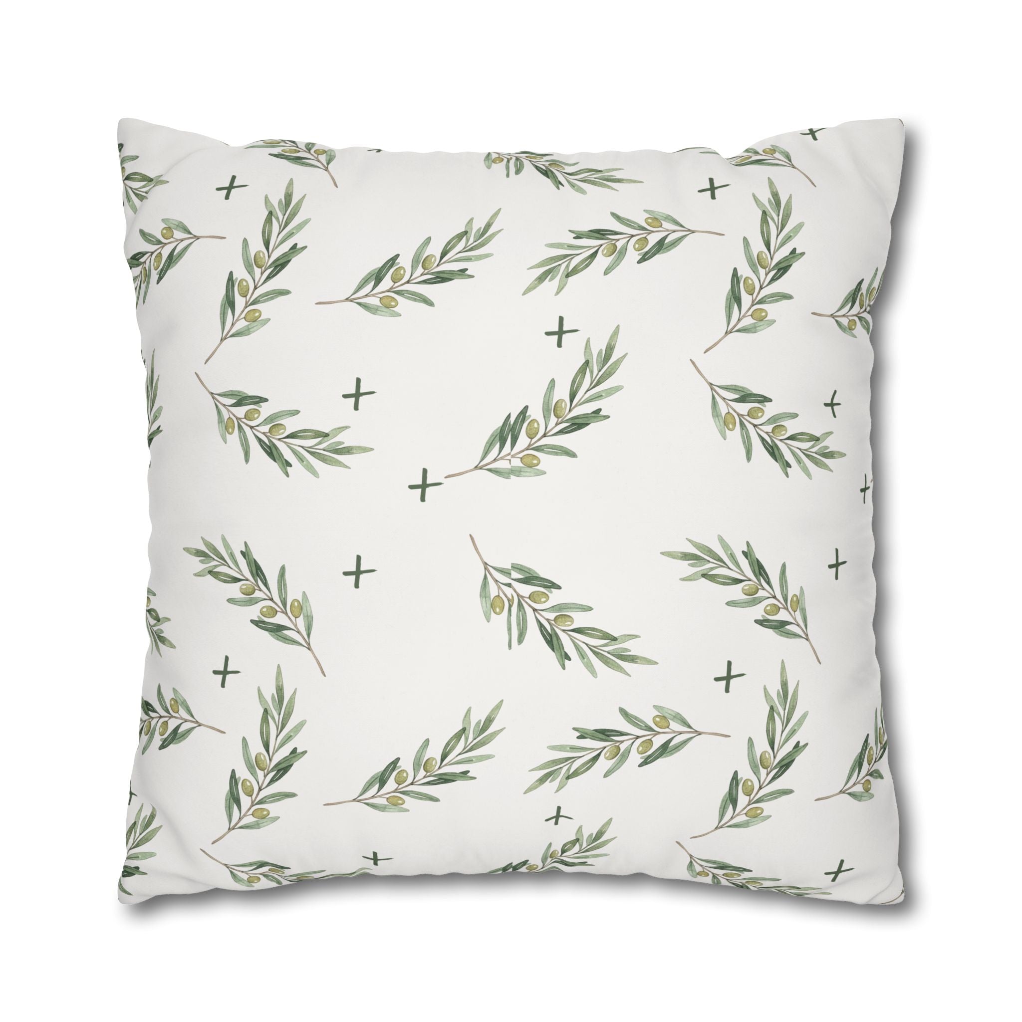 Botanical Olive Branch Square Pillowcase — Neutral Green Leaf Throw Pillow Cover