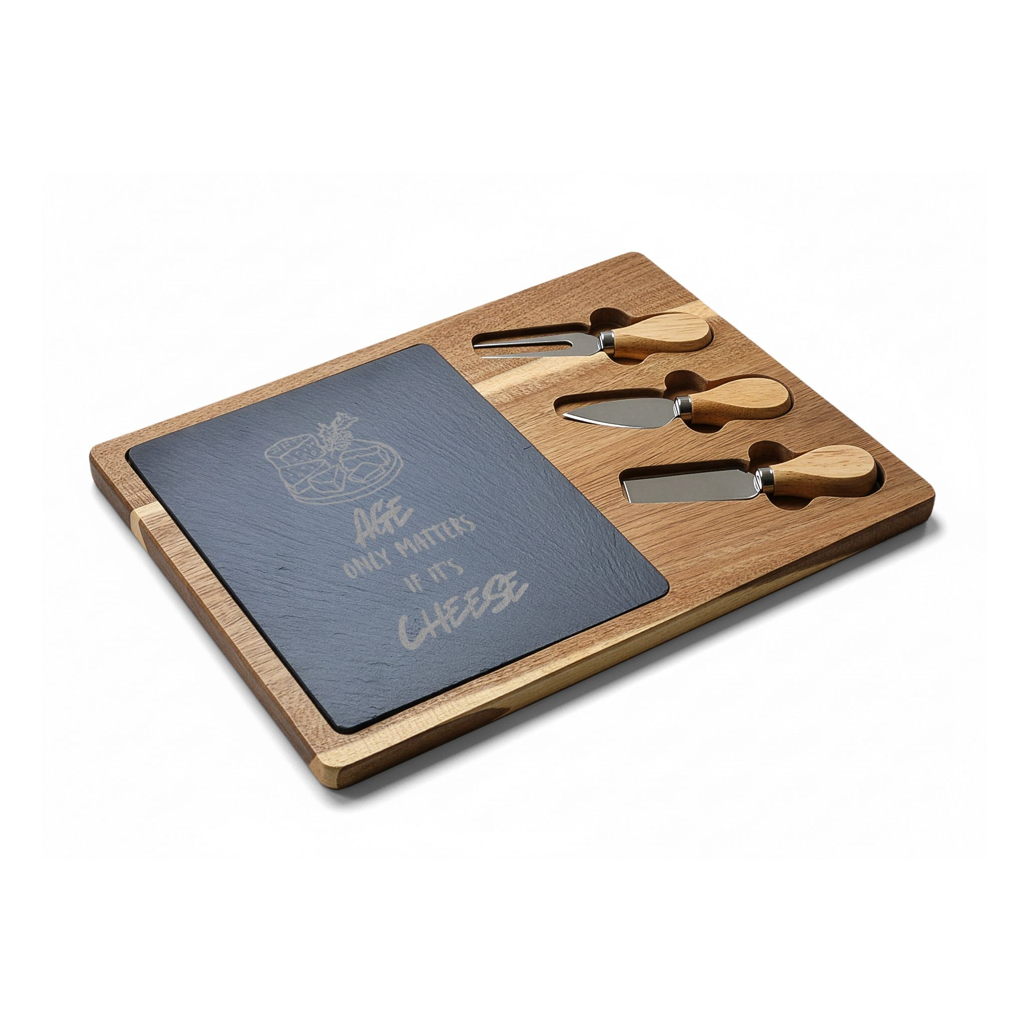 Engraved Acacia Charcuterie Board with Slate Round — "Age Only Matters If It’s Cheese"