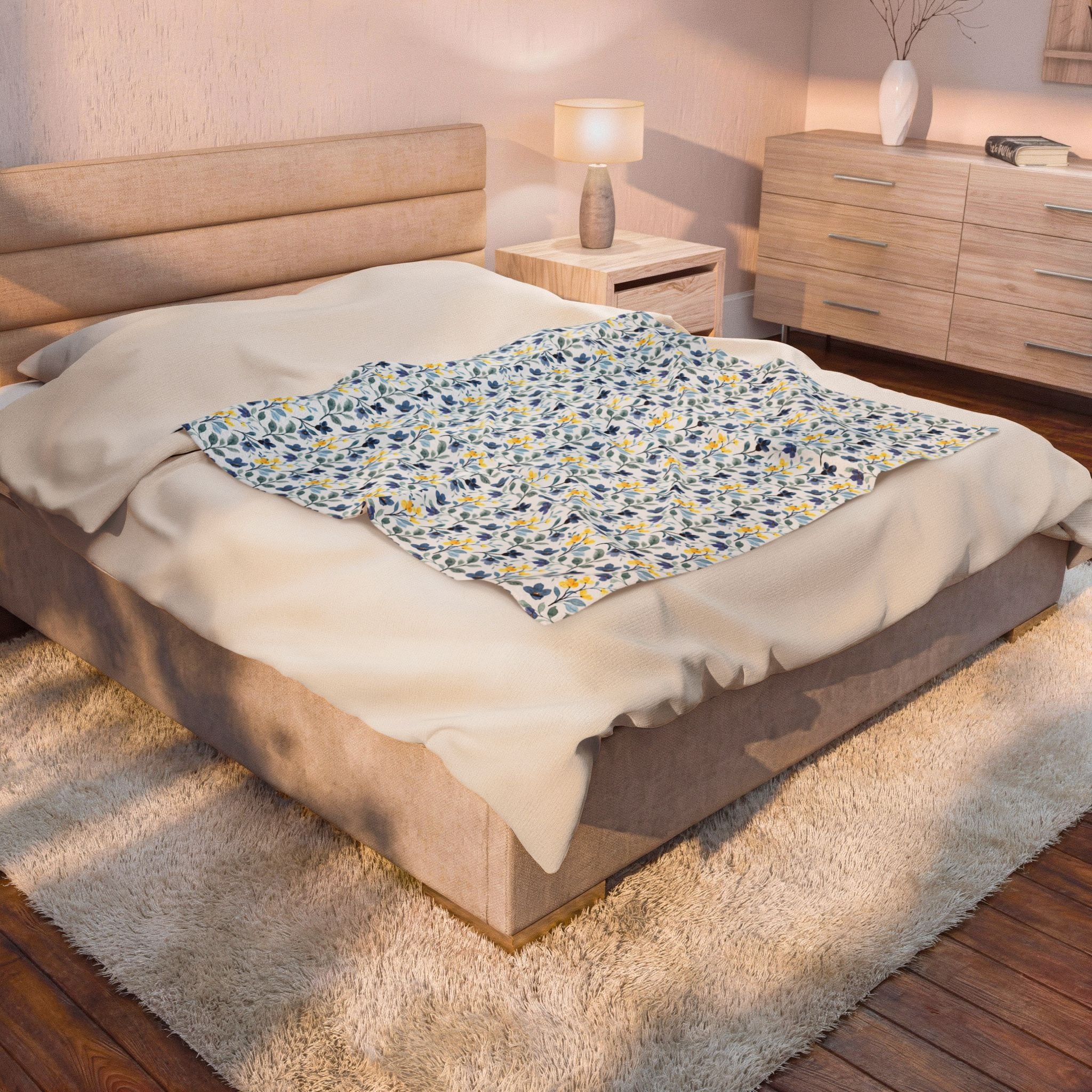 Floral Velveteen Plush Blanket — Blue & Yellow Botanical Throw