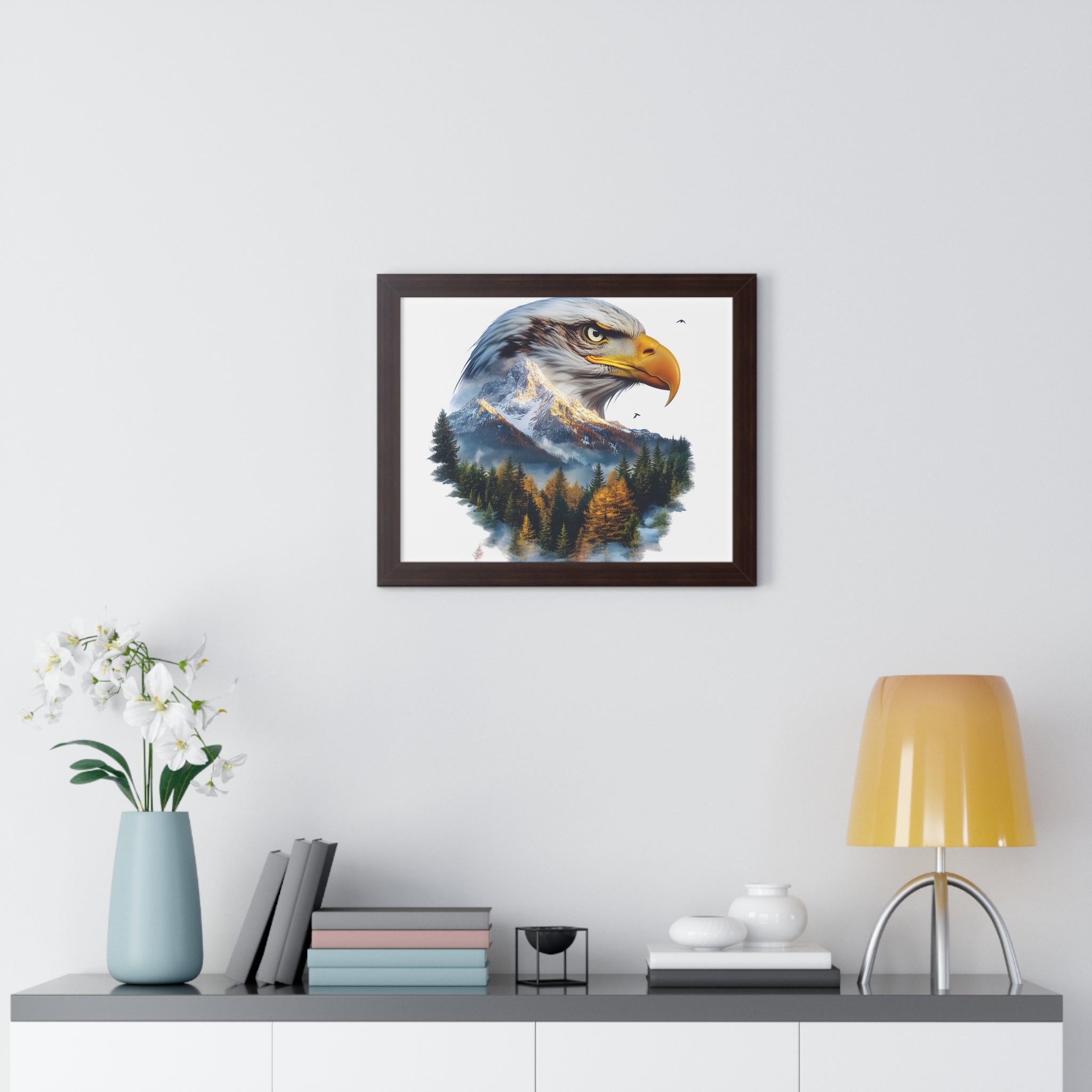 Bald Eagle Double Exposure Woodland Framed Poster Wall Art